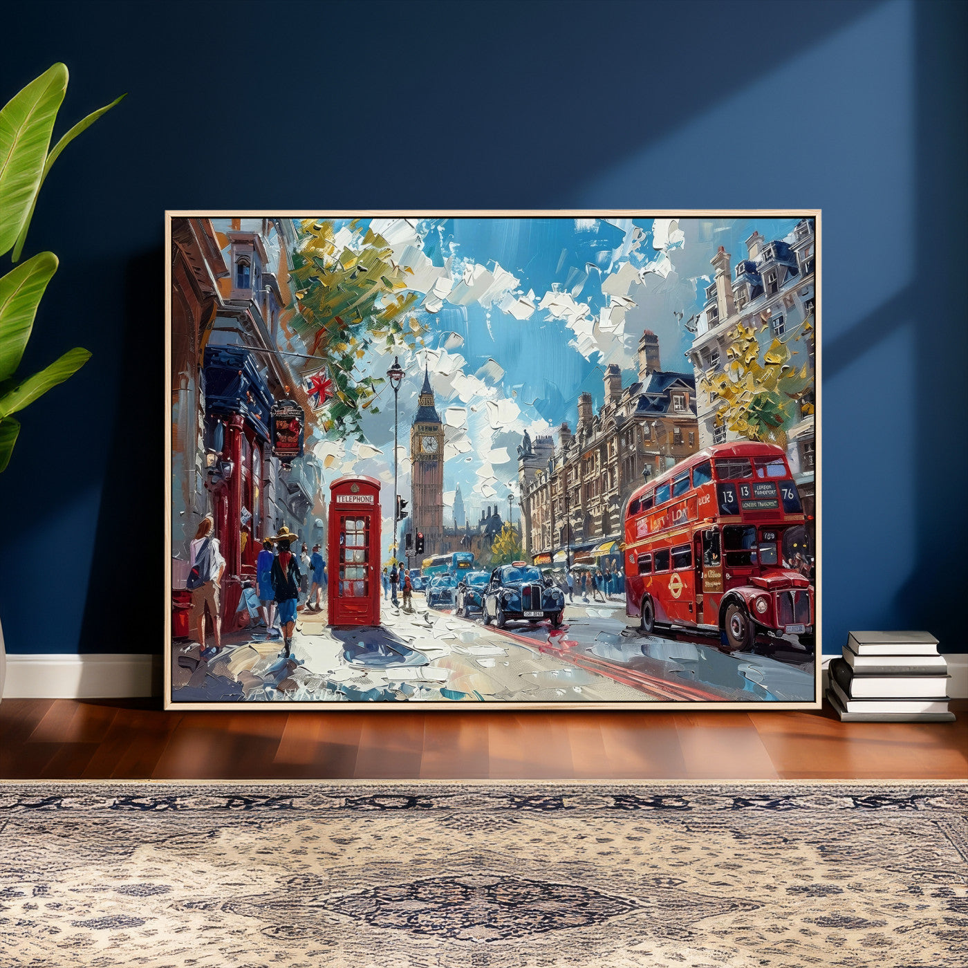 17630888-MGV-CV-36X24 - London Street Canvas Wall Art — Big Ben Red Bus Print | Oil Painting Style | UK City Wall Decor | Travel Art Gift | Living Room Print
