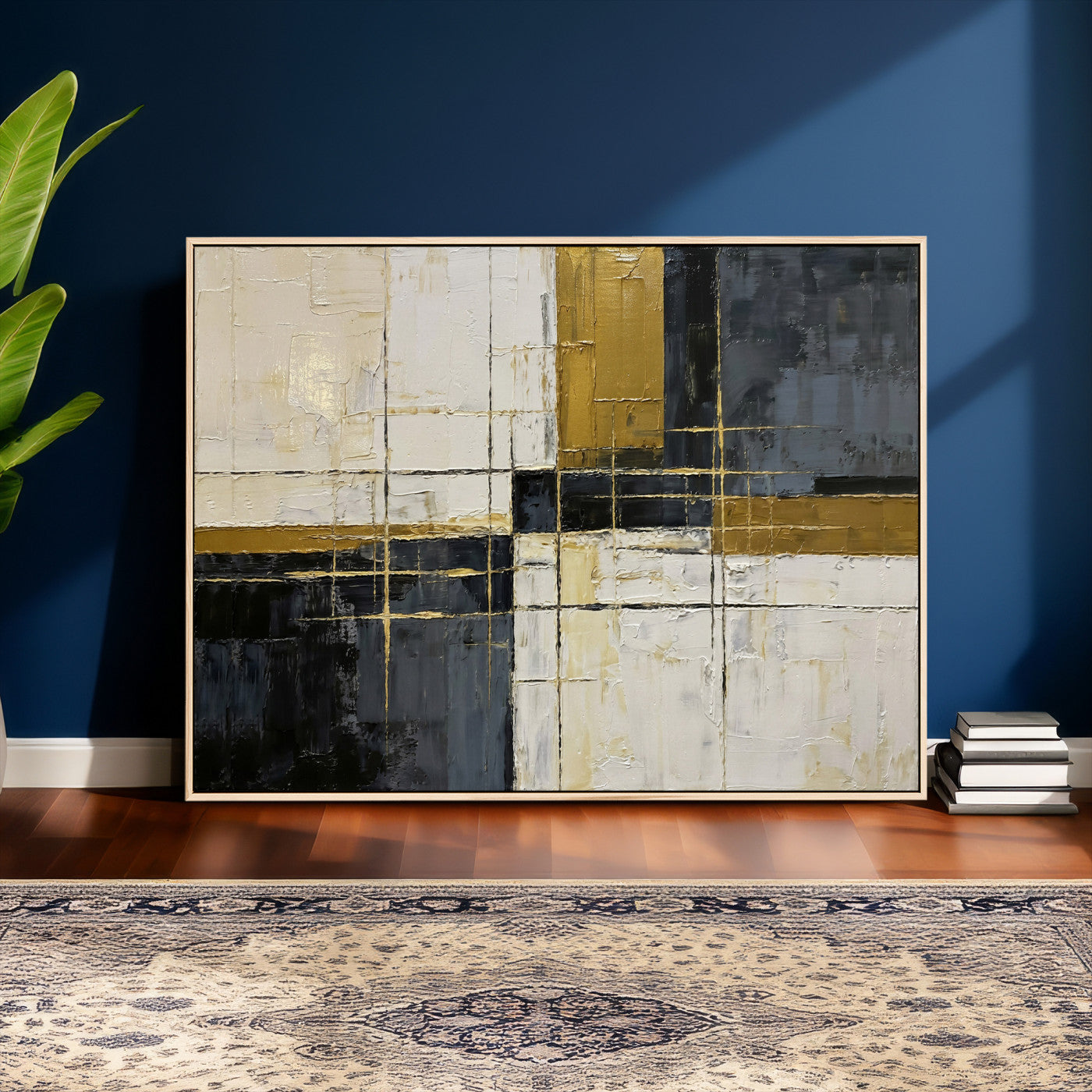36097945-MGV-CV-36X24 - Abstract Gold and Black Wall Art Canvas Print – Modern Geometric Neutral Artwork for Living Room Decor