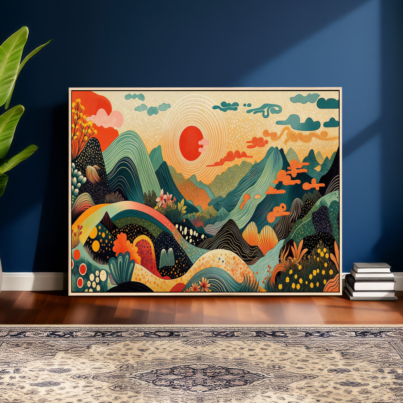 29927191-MGV-CV-36X24 - Yayoi Kusama Boho Mountain Landscape Large Wall Art, Horizontal Gold Framed Canvas Print with Sun and Flowers