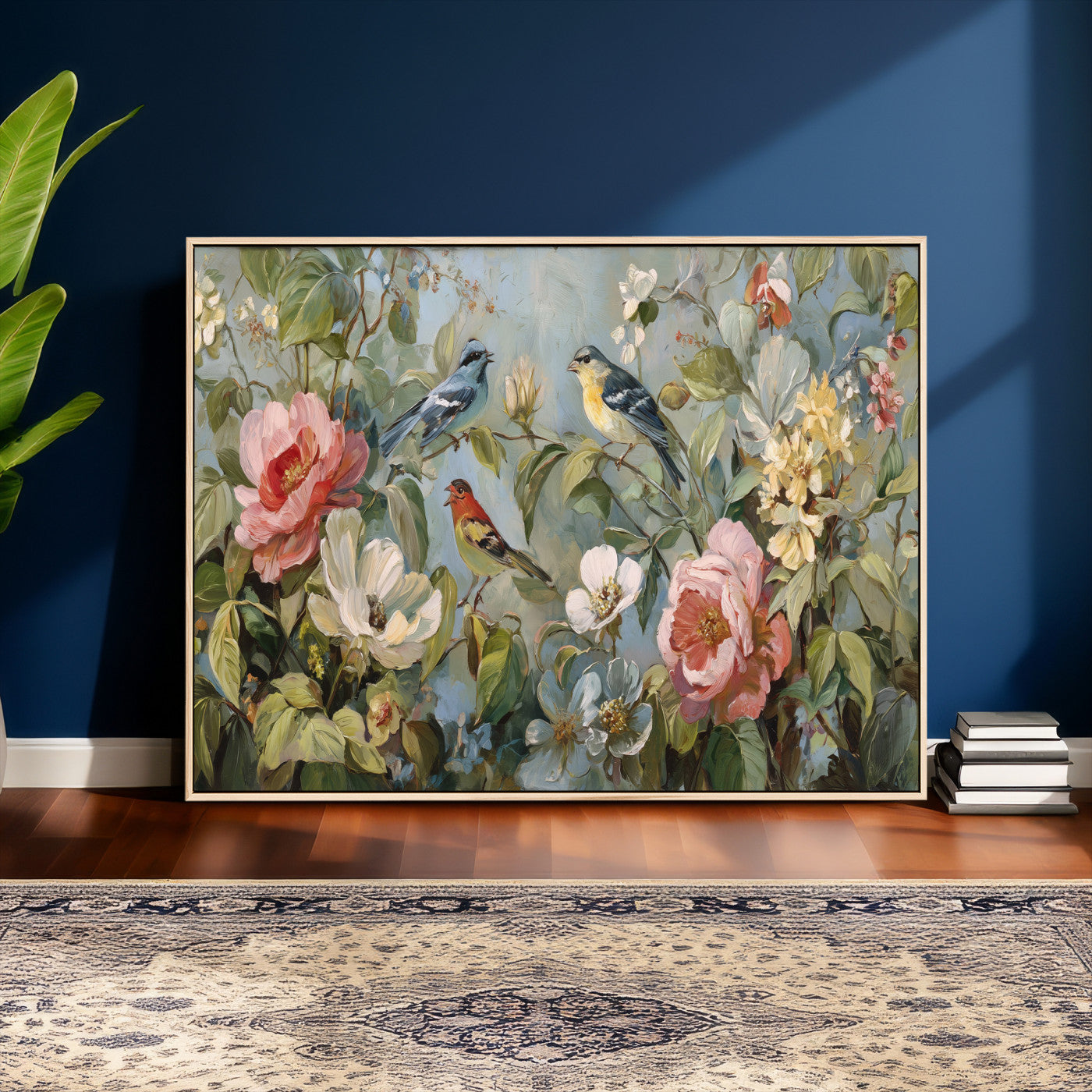 55440837-MGV-CV-36X24 - Vintage Birds and Flowers Wall Art Canvas Print, Botanical Bird Painting Canvas Print, Floral Garden Bird Artwork Canvas Print, Classic Bird Flower Painting Canvas Print