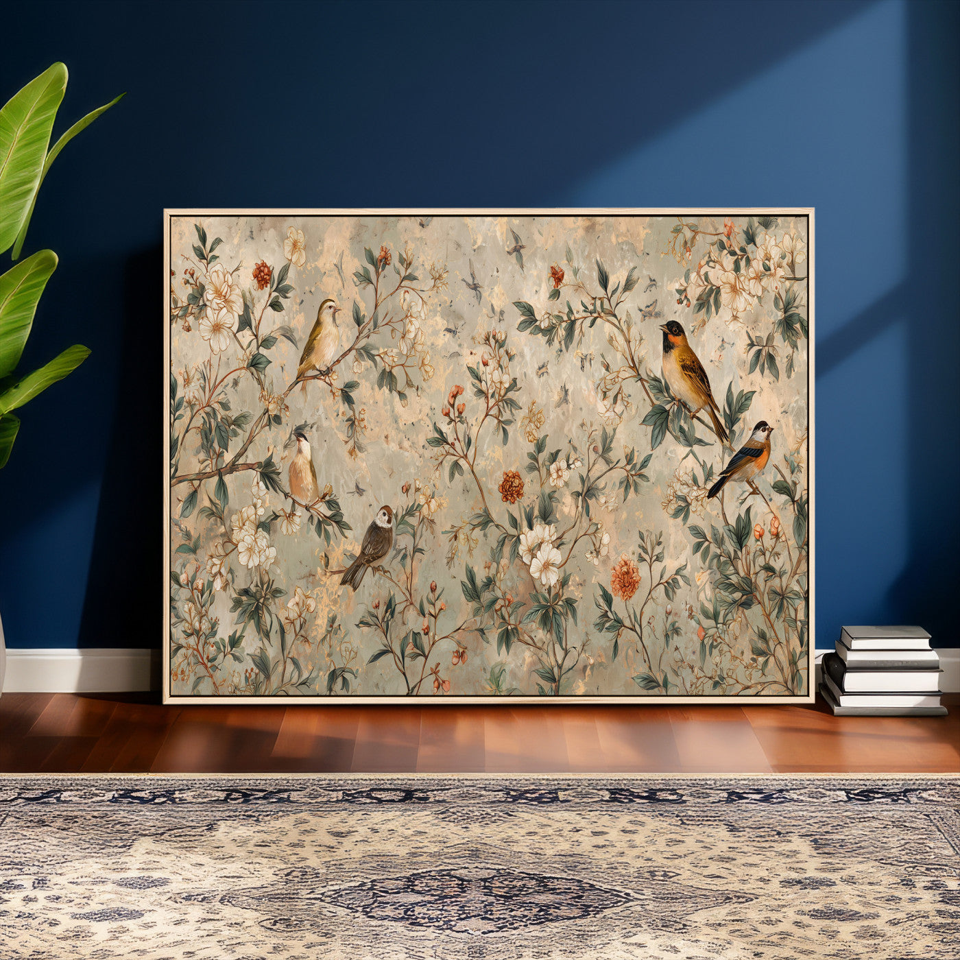 76588438-MGV-CV-36X24 - Vintage Birds and Flowers Wall Art Canvas Print, Botanical Bird Painting Canvas Print, Floral Garden Bird Artwork Canvas Print, Classic Bird Flower Painting Canvas Print