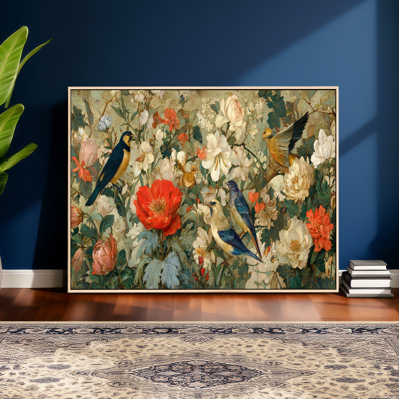 52904757-MGV-CV-36X24 - Vintage Birds and Flowers Wall Art Canvas Print, Botanical Bird Painting Canvas Print, Floral Garden Bird Artwork Canvas Print, Classic Bird Flower Painting Canvas Print
