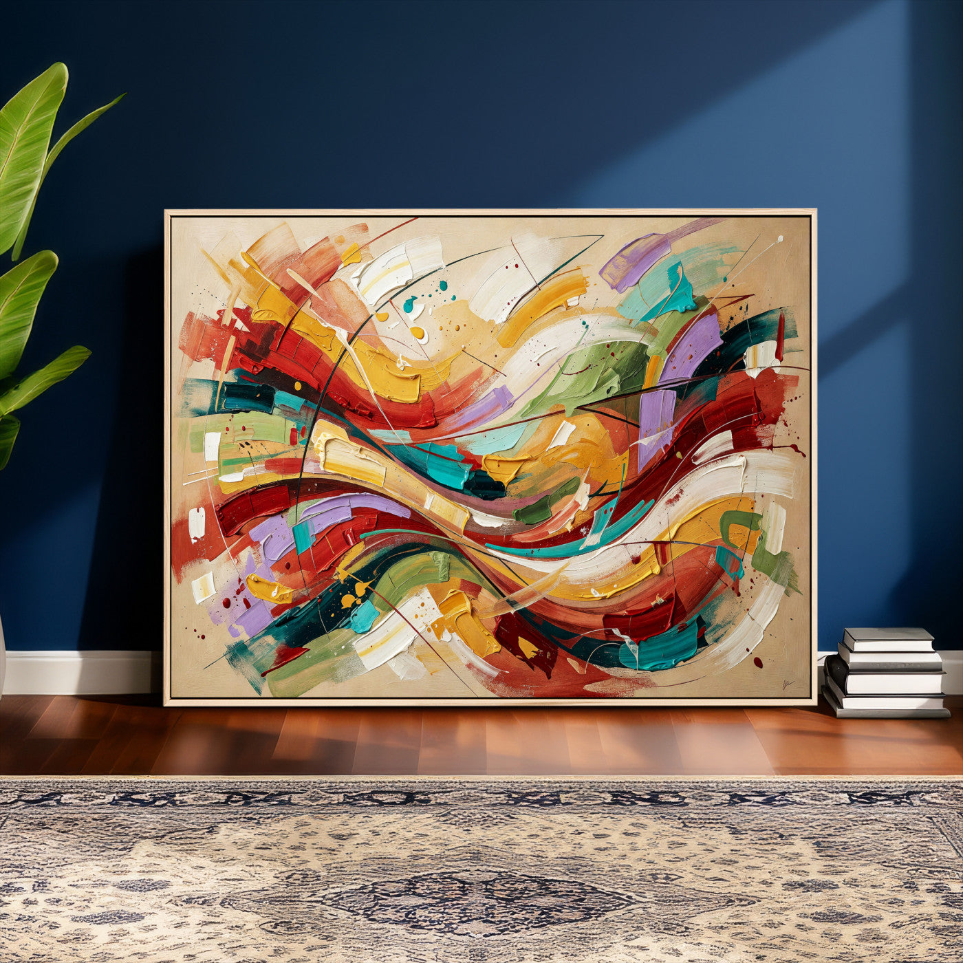 39887645-MGV-CV-36X24 - Geometric Abstract Wall Art Canvas Print, Orange Blue Abstract Expressionist Painting Print, Modern Geometric Abstract Canvas Art