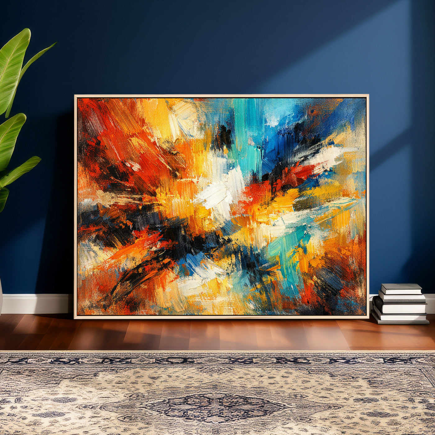 93167583-MGV-CV-36X24 - Geometric Abstract Wall Art Canvas Print, Orange Blue Abstract Expressionist Painting Print, Modern Geometric Abstract Canvas Art