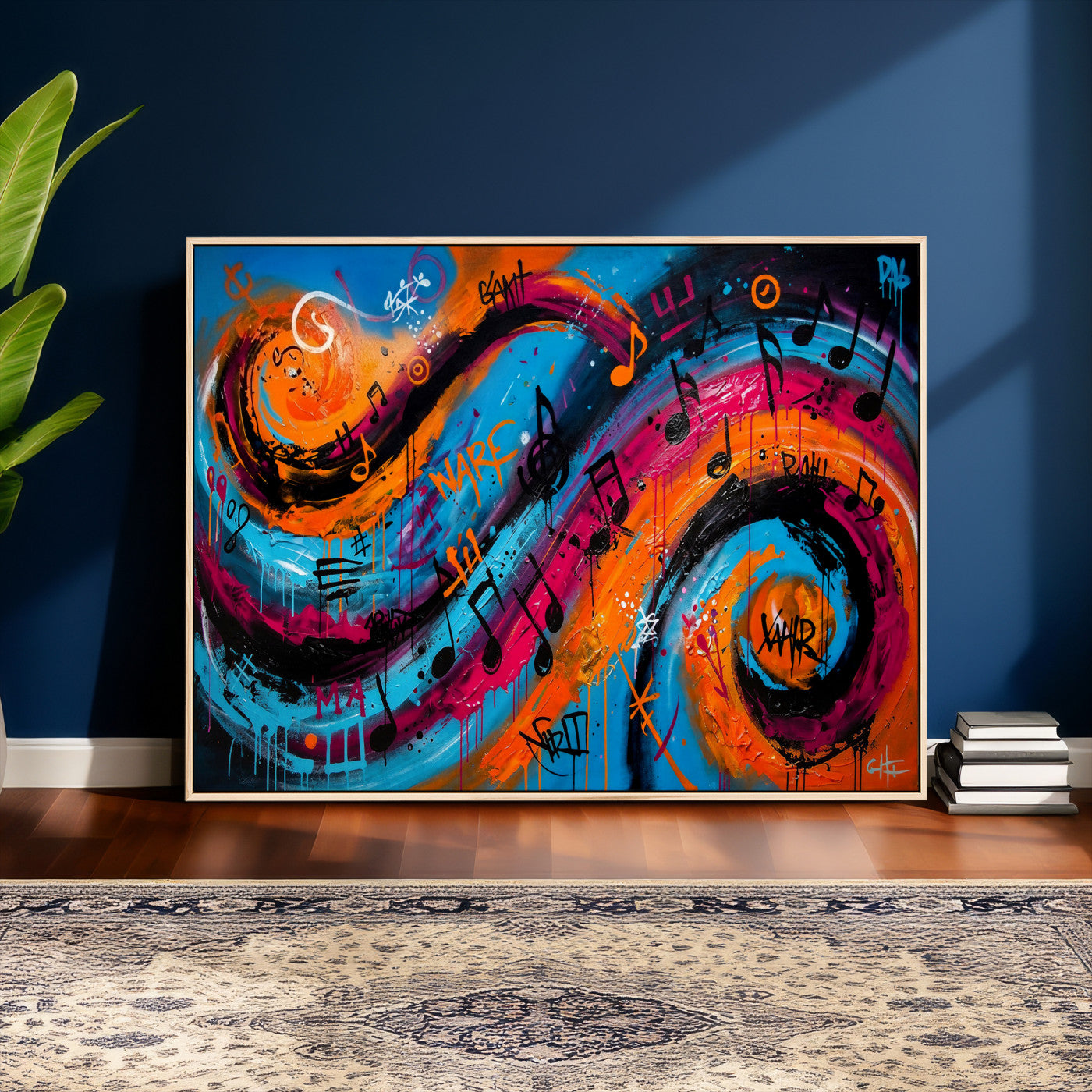34936518-MGV-CV-36X24 - Geometric Abstract Wall Art Canvas Print, Orange Blue Abstract Expressionist Painting Print, Modern Geometric Abstract Canvas Art