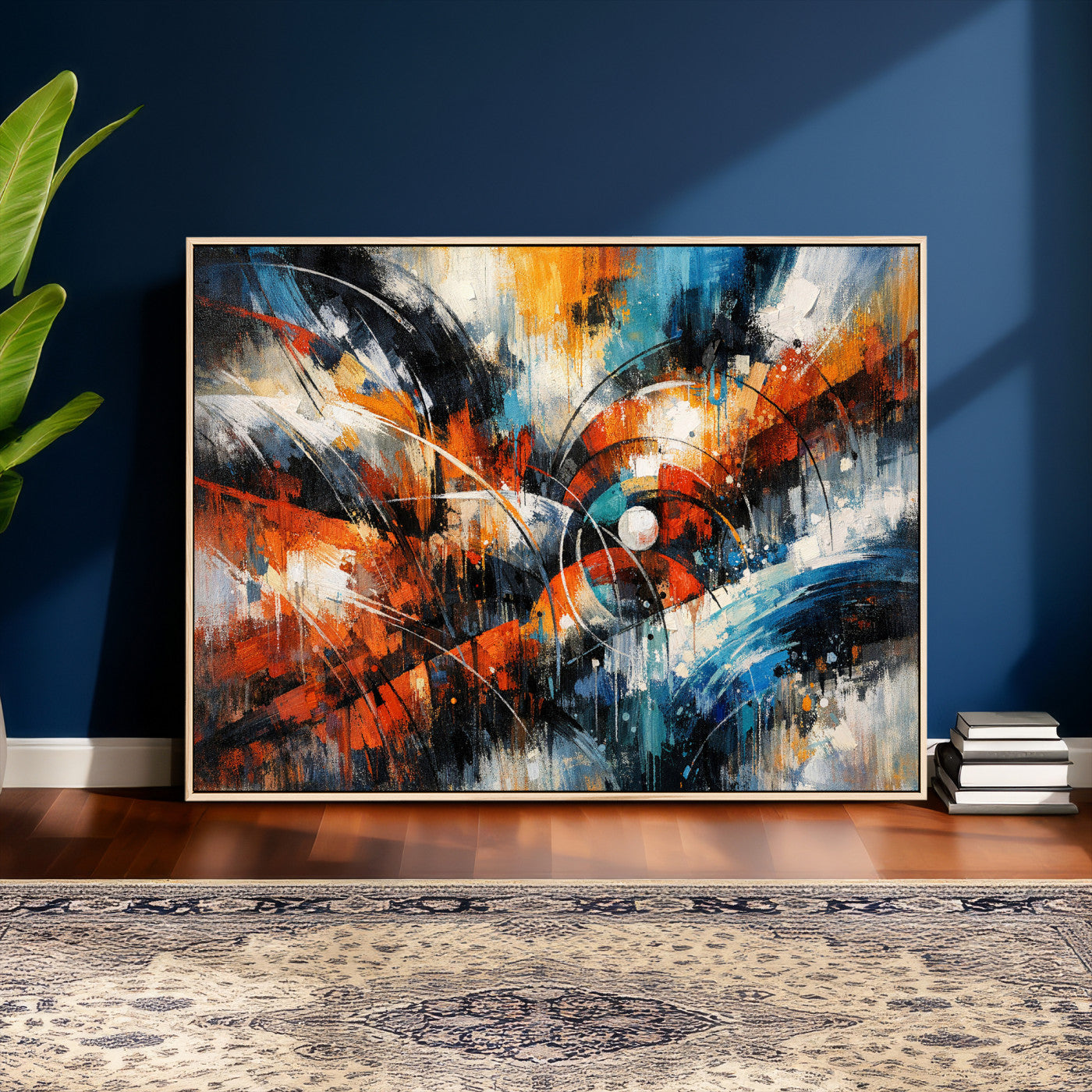 47120691-MGV-CV-36X24 - Geometric Abstract Wall Art Canvas Print, Orange Blue Abstract Expressionist Painting Print, Modern Geometric Abstract Canvas Art