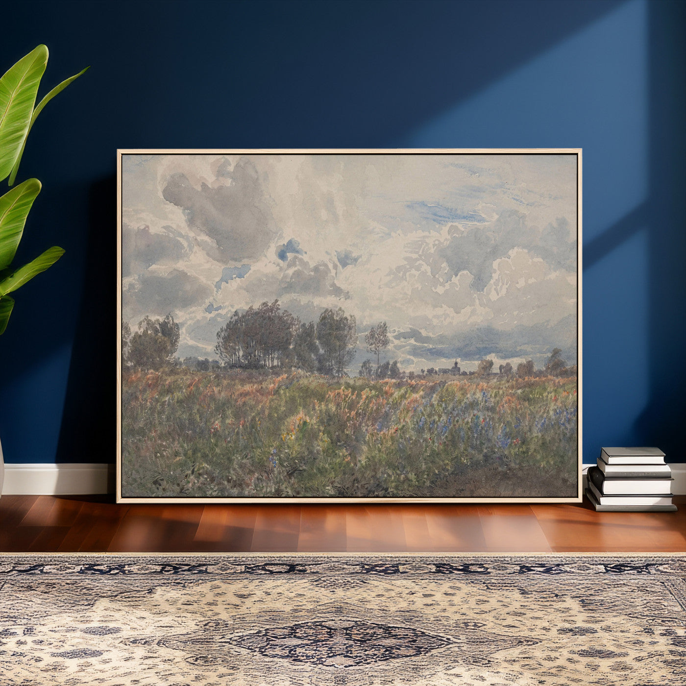 76626885-MGV-CV-36X24 - Vintage Watercolor Meadow Canvas Wall Art — English Pastoral Wildflower Storm Sky Print | Cottagecore Nature Decor | Classic Landscape Gift