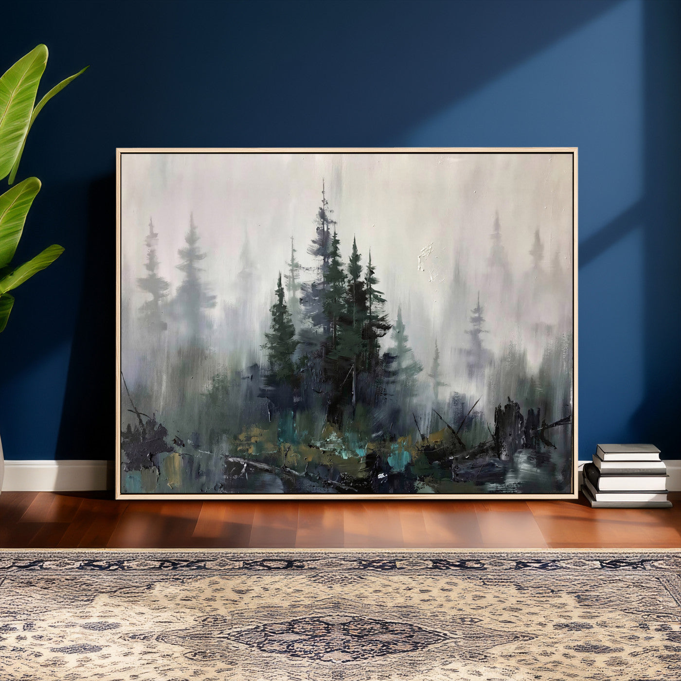 94143325-MGV-CV-36X24 - Misty Pine Forest Oil Painting Canvas — Dark Moody Teal Grey Tree Print | Japandi Scandinavian Wall Art | Minimalist Nature Decor Gift