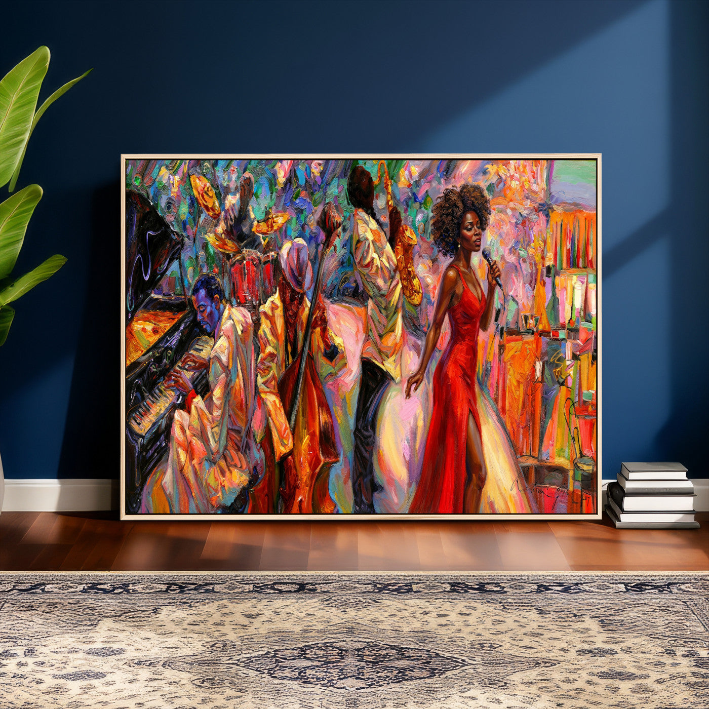 72615137-MGV-CV-36X24 - African American Jazz Singer Canvas Art - Red Dress Black Woman Music Print | Colorful Jazz Band Wall Decor | Living Room Gift for Her