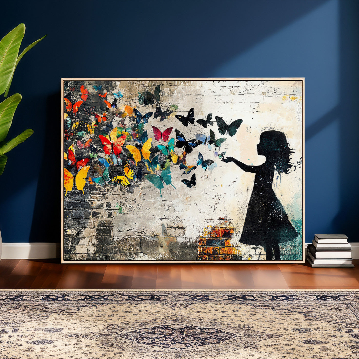 33909022-MGV-CV-36X24 - Banksy Butterfly Girl Wall Art Canvas Print, Framed Street Art Silhouette Graffiti Artwork, Colorful Butterfly Wall Decor for Living Room Bedroom Office