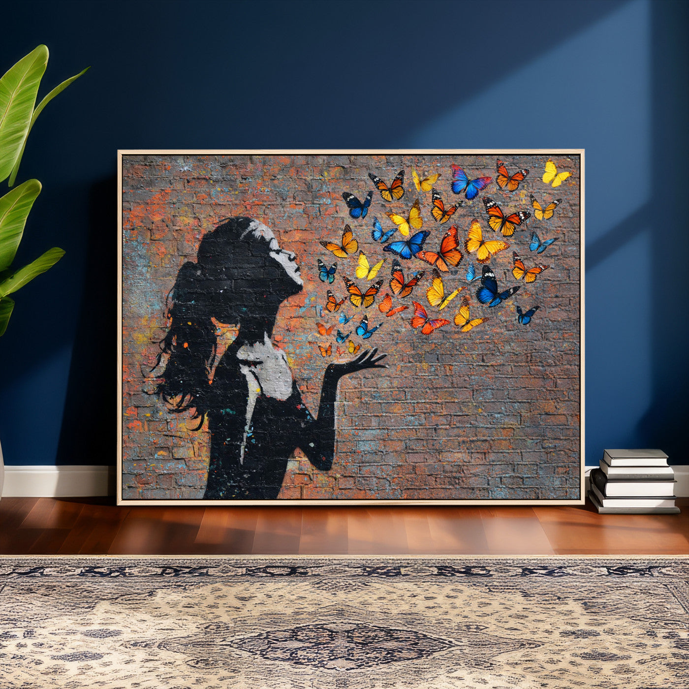 10555939-MGV-CV-36X24 - Urban Banksy Butterfly Girl Wall Art Canvas Print, Framed Street Art Canvas Print, Graffiti Silhouette Butterfly Wall Art for Living Room Bedroom Office