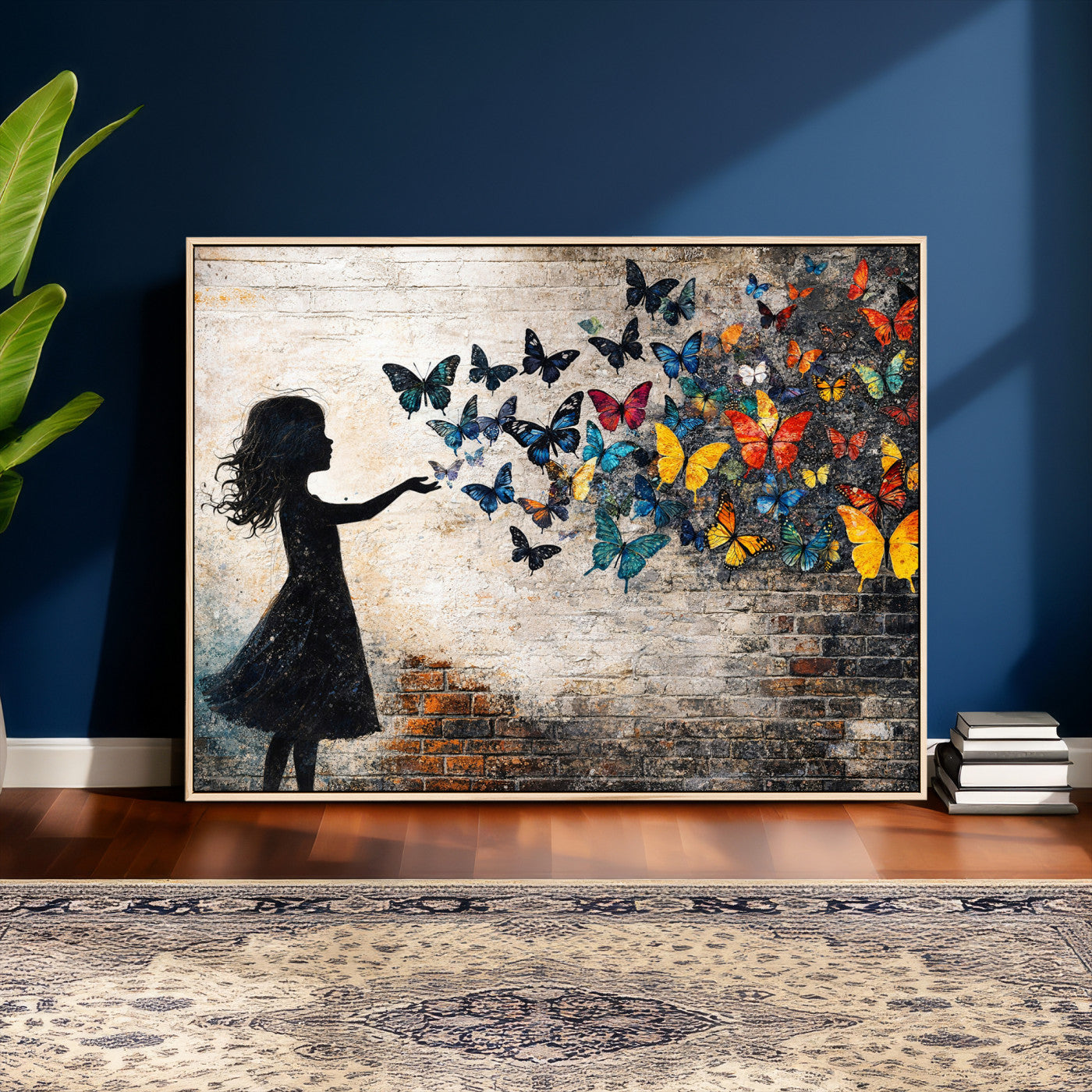 70522594-MGV-CV-36X24 - Banksy Butterfly Girl Wall Art Canvas Print, Framed Street Art Canvas Print, Graffiti Silhouette Butterfly Wall Art for Living Room Bedroom Office