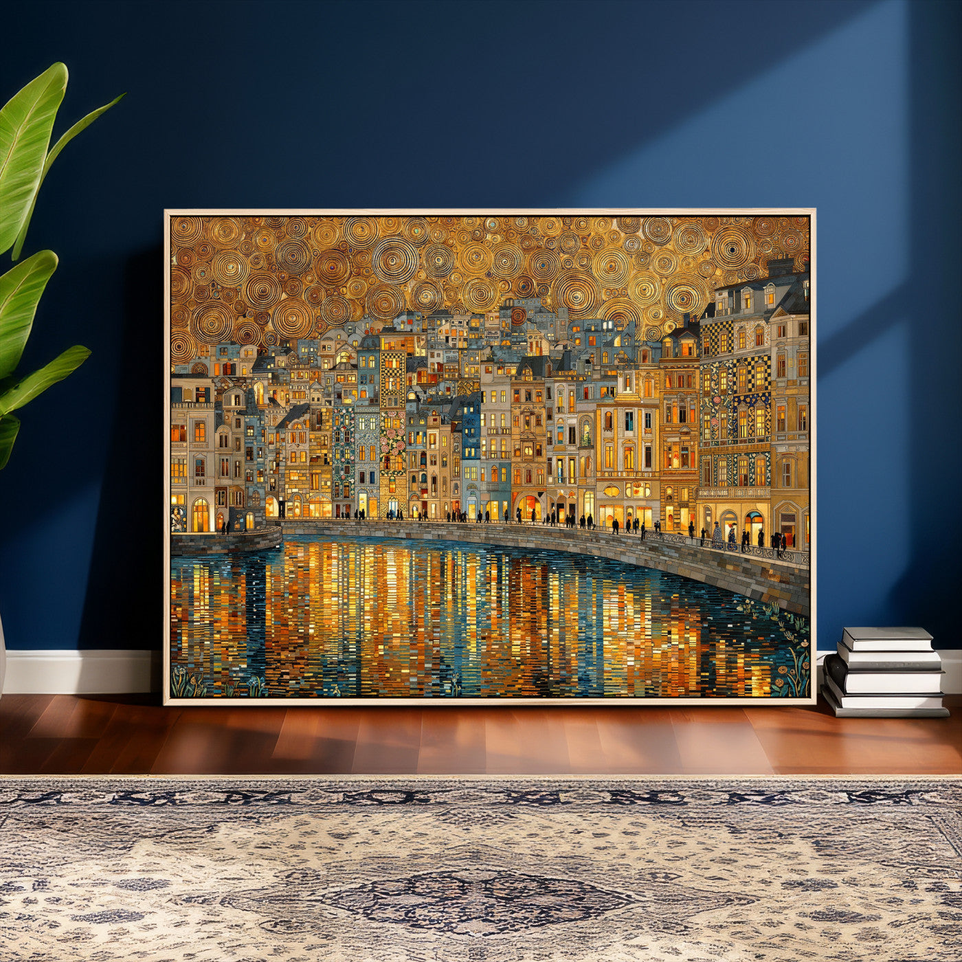 94022787-MGV-CV-36X24 - Gustav Klimt Golden Cityscape Wall Art Canvas Print, Framed River Town Landscape Artwork, Ornate Architecture Wall Decor for Living Room Bedroom Office