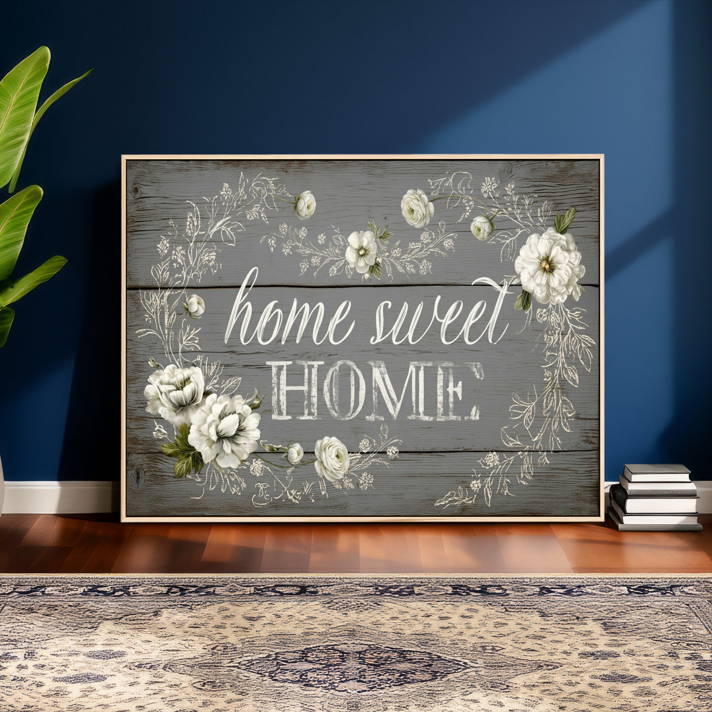 32056075-MGV-CV-36X24 - Home Sweet Home Wall Art Canvas Print, Floral Farmhouse Sign, Rustic Neutral Entryway Bedroom Living Room Decor