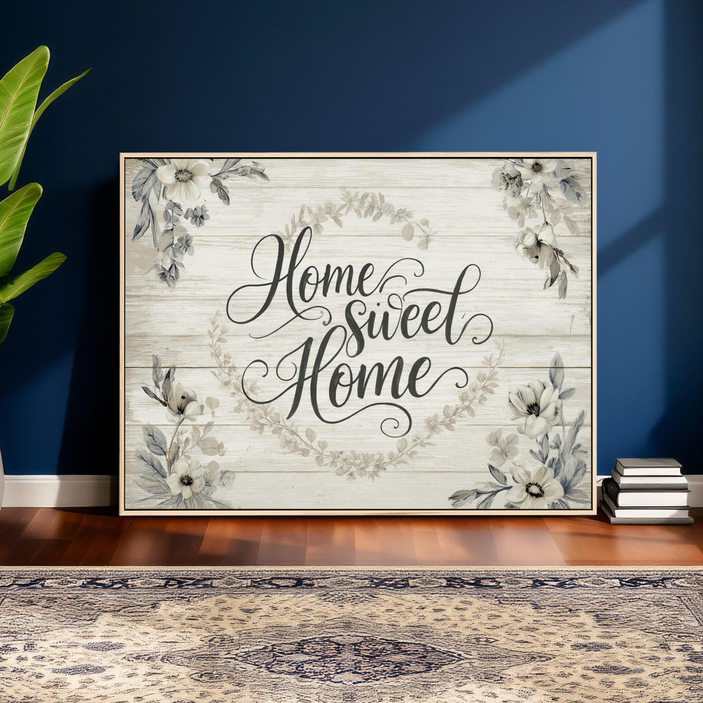 81157008-MGV-CV-36X24 - Home Sweet Home Wall Art Canvas Print, Floral Farmhouse Sign, Rustic Neutral Entryway Bedroom Living Room Decor