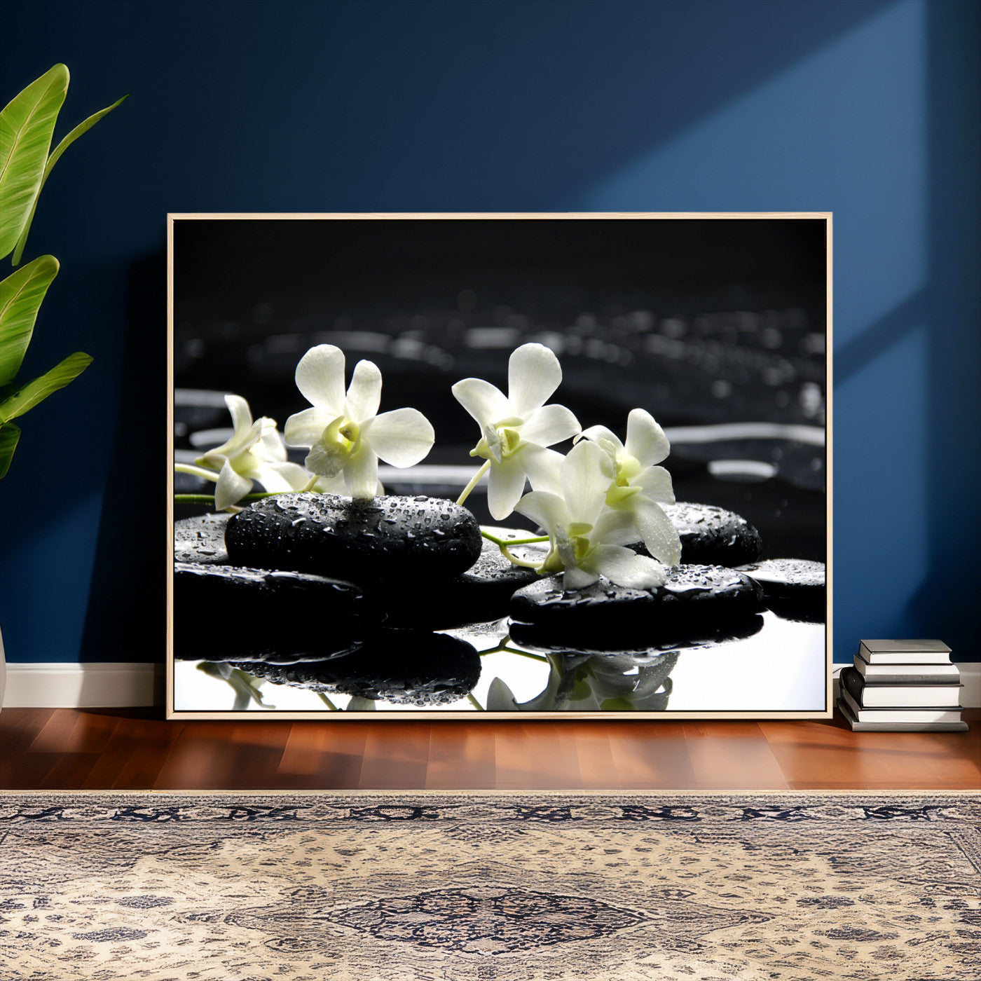 79486206-MGV-CV-36X24 - Plumeria Frangipani Black Stone Canvas | White Flower Spa Photography Print | Tropical Zen Wall Art | Grey Pebble Floral for Meditation Room Decor