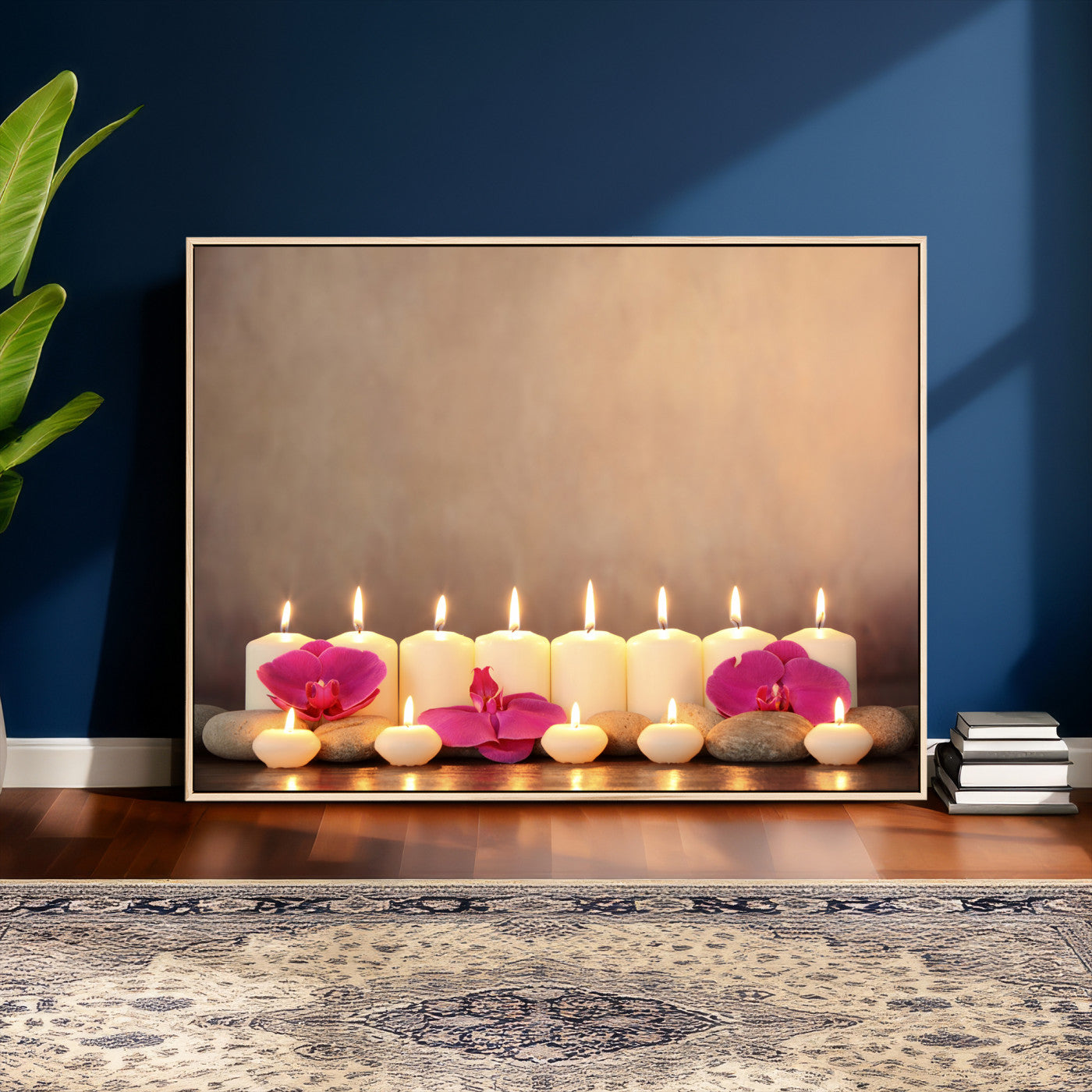 59470569-MGV-CV-36X24 - Spa Candles Orchid Canvas Print | Zen Wellness Relaxation Wall Art | Pink Flower Candlelight Bathroom Decor | Calm Beige Photography