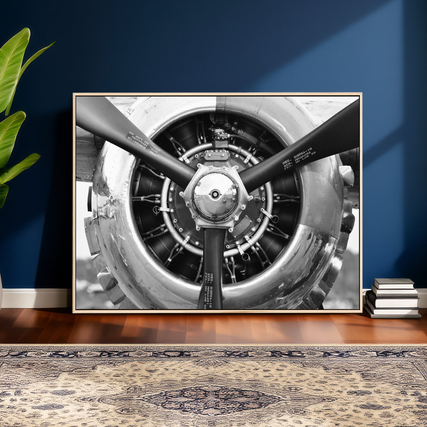 73322230-MGV-CV-36X24 - Vintage Propeller Plane Wall Art Canvas Print, Black and White Airplane Engine Close Up Framed Aviation Artwork for Pilot Office Hangar Decor