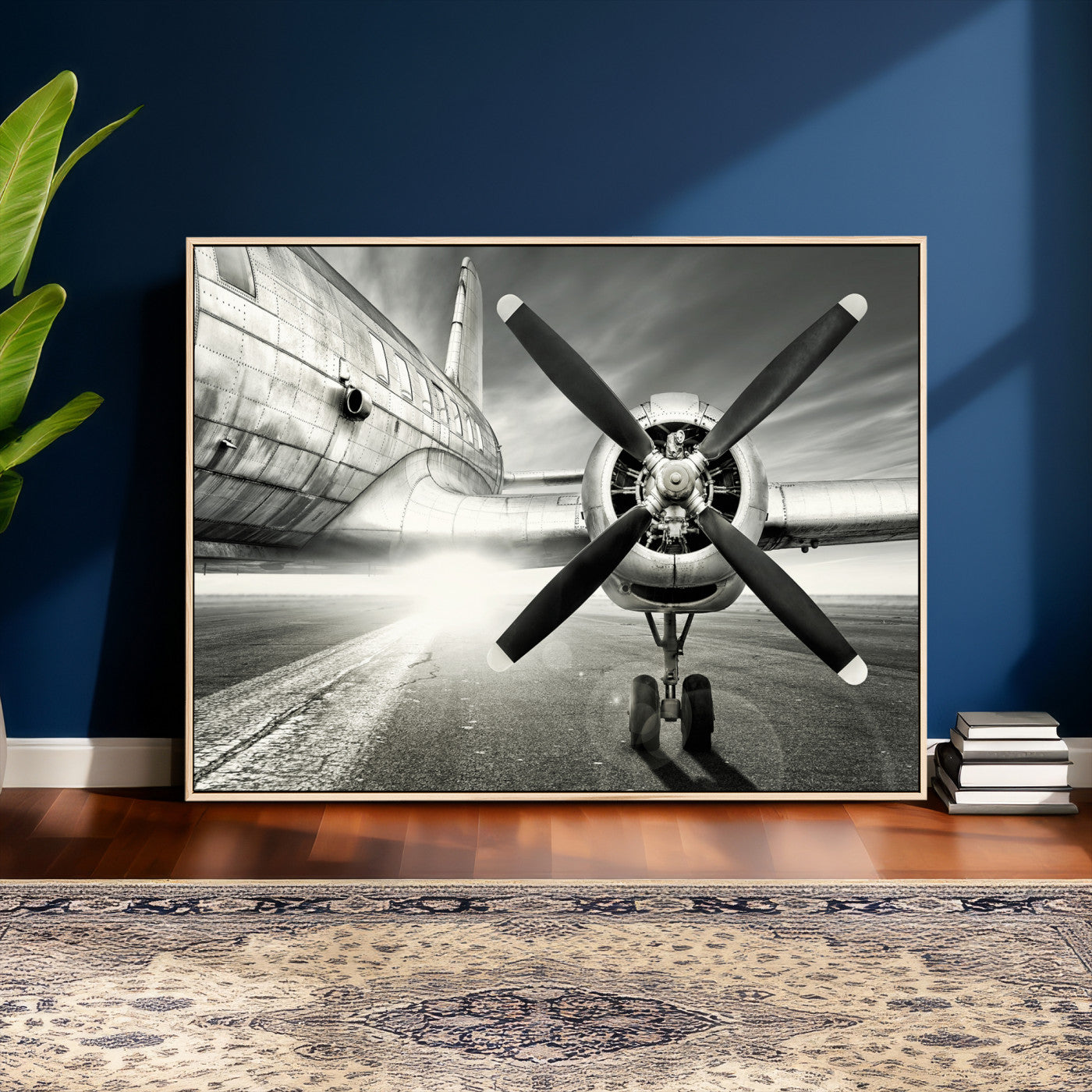 16420255-MGV-CV-36X24 - Vintage Airplane Wall Art Canvas Print, Black and White Propeller Aircraft Framed Aviation Artwork for Pilot Office Hangar Living Room Decor