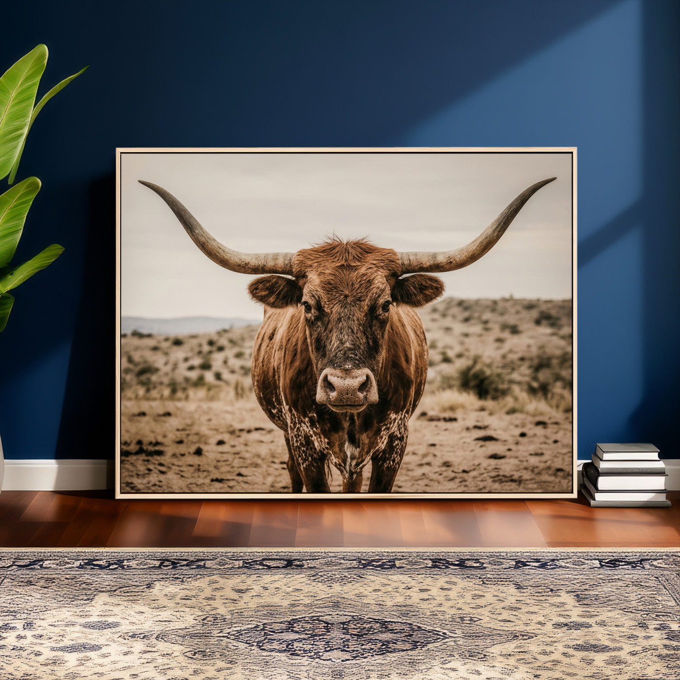 17622011K-MGV-CV-36X24 - Texas Longhorn Bull Wall Art Canvas Print, Western Farmhouse Cowboy Decor, Rustic Texas Ranch Cattle Artwork for Living Room Bedroom Office, Framed Wall Decor