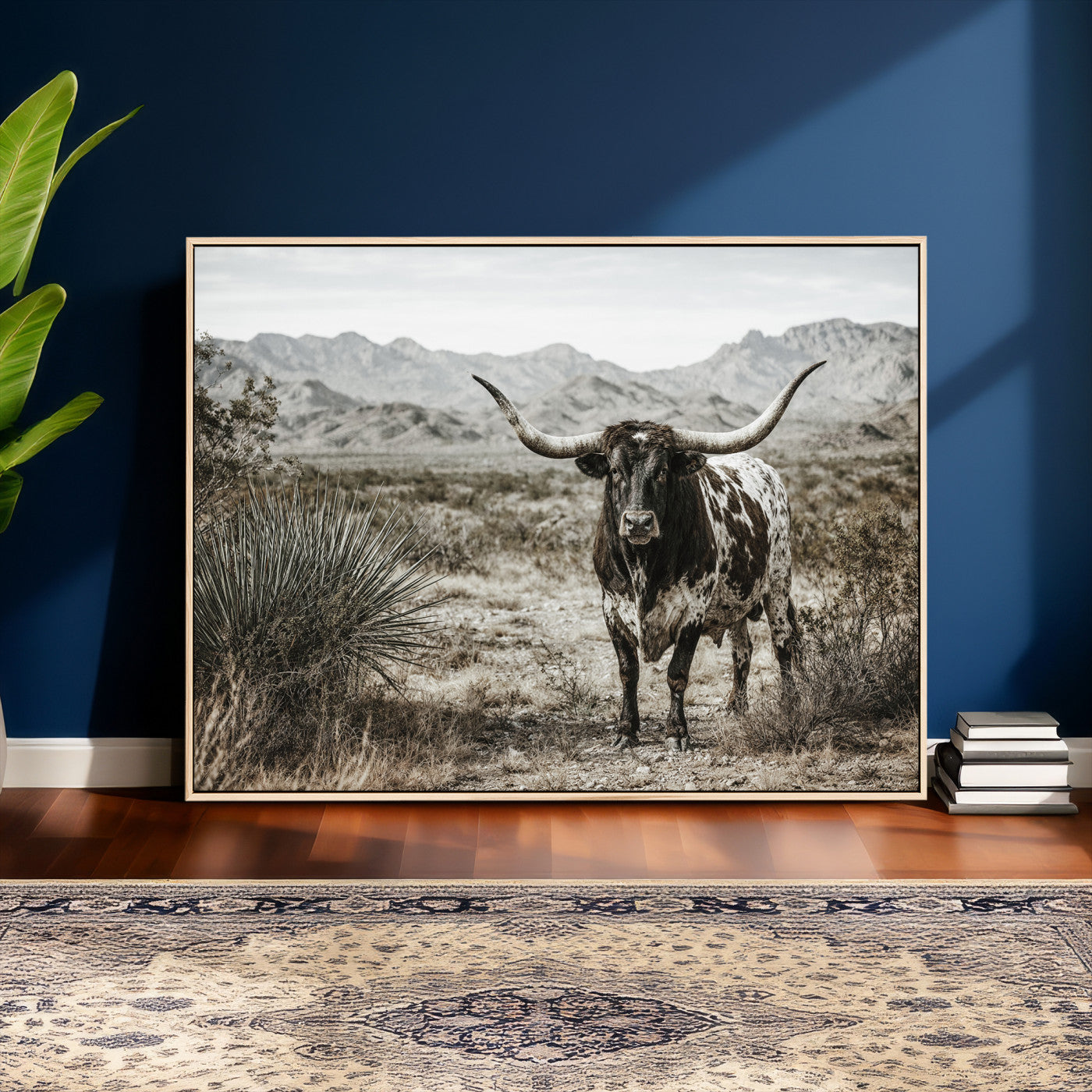 17622011H-MGV-CV-36X24 - Texas Longhorn Bull Wall Art Canvas Print, Western Farmhouse Cowboy Decor, Rustic Texas Ranch Cattle Artwork for Living Room Bedroom Office, Framed Wall Decor
