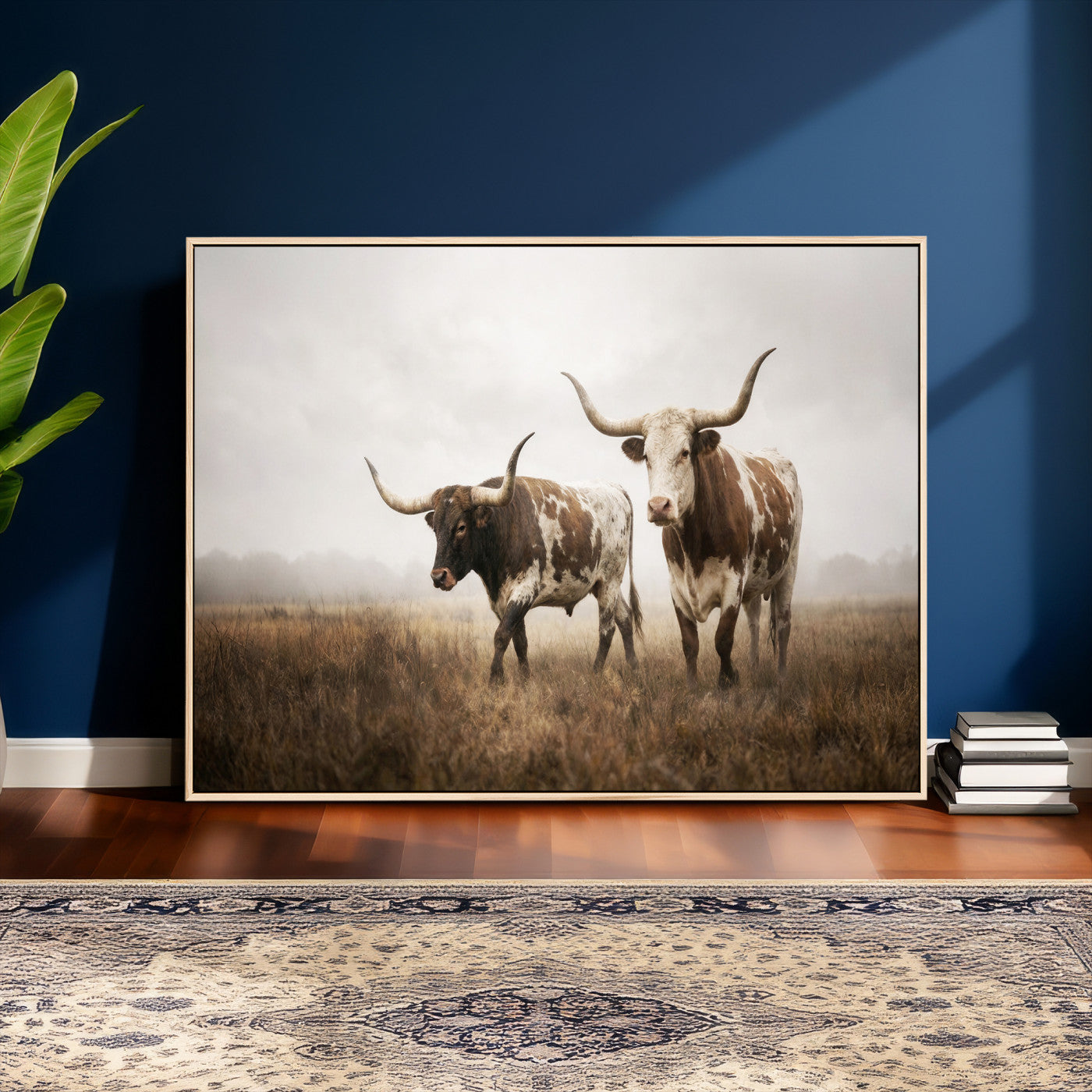 92881702-MGV-CV-36X24 - Texas Longhorn Canvas Wall Art Western Bull Desert Moody Grey Overcast Rustic Farmhouse Framed Large for Living Room Bedroom Office Decor