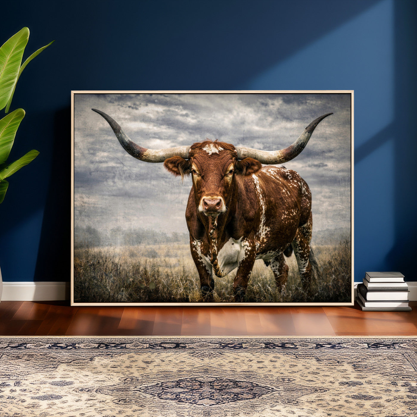 14372769-MGV-CV-36X24 - Texas Longhorn Canvas Wall Art Western Bull Desert Moody Grey Overcast Rustic Farmhouse Framed Large for Living Room Bedroom Office Decor