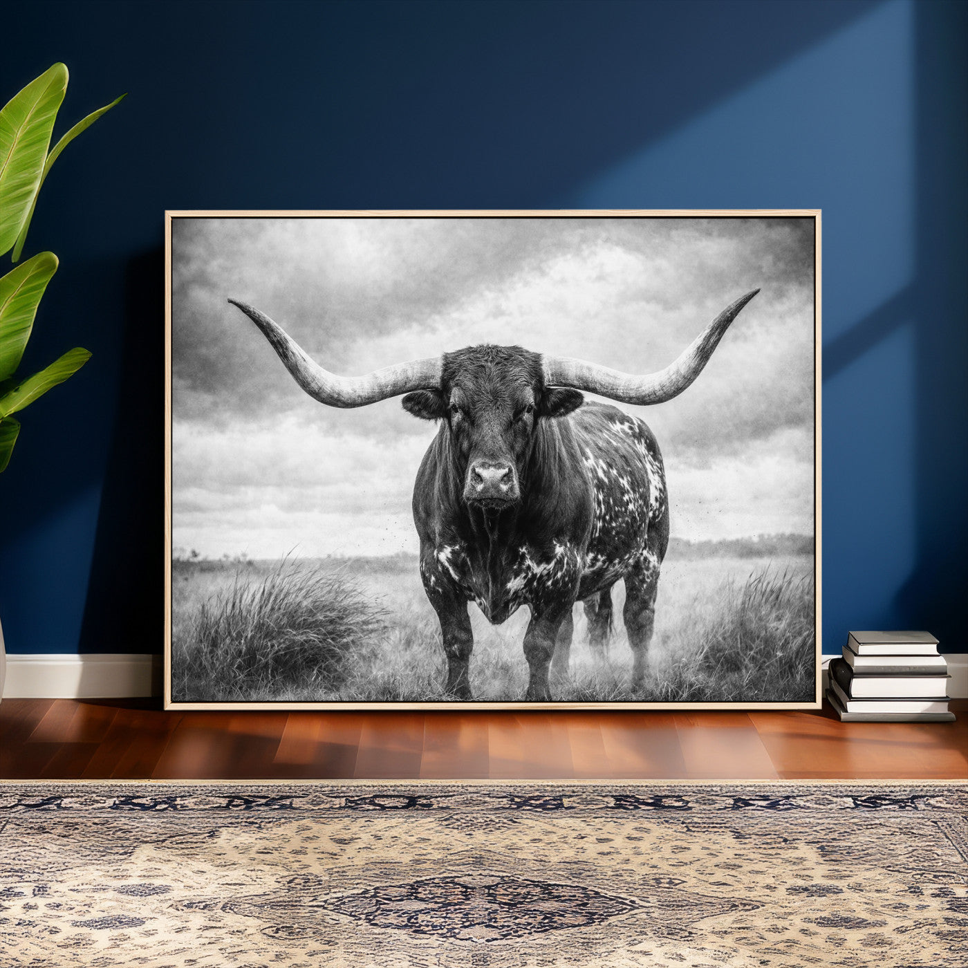 19951238-MGV-CV-36X24 - Texas Longhorn Canvas Wall Art Western Bull Desert Moody Grey Overcast Rustic Farmhouse Framed Large for Living Room Bedroom Office Decor