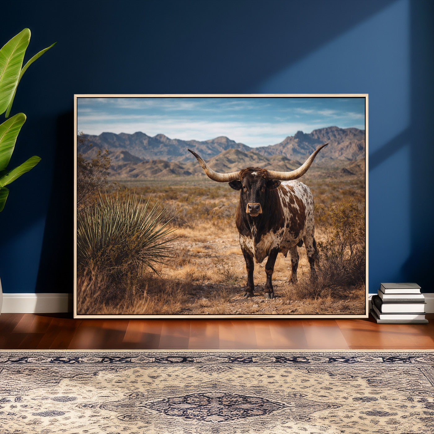 26448918-MGV-CV-36X24 - Texas Longhorn Canvas Wall Art Western Bull Desert Moody Grey Overcast Rustic Farmhouse Framed Large for Living Room Bedroom Office Decor
