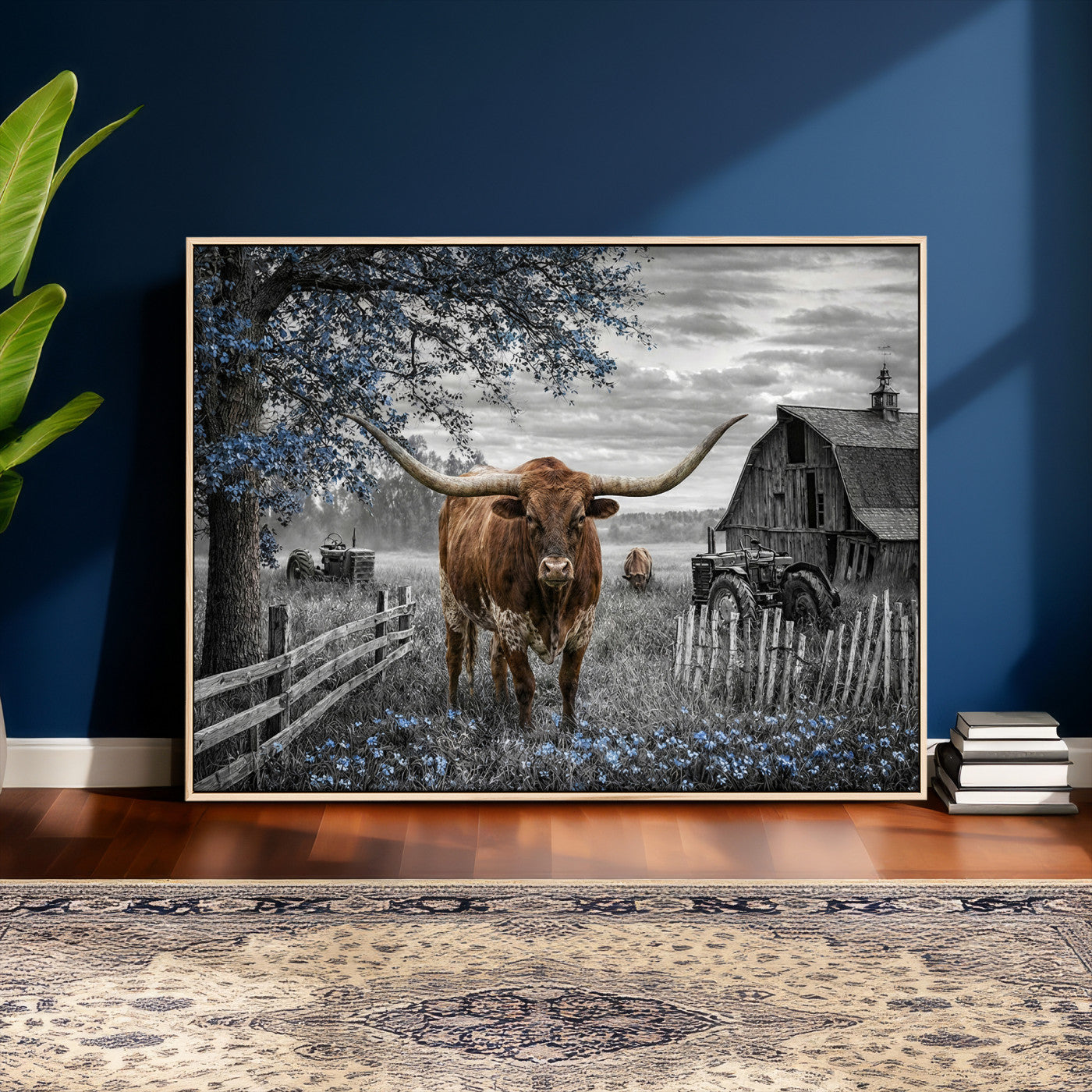 19366343-MGV-CV-36X24 - Texas Longhorn Canvas Wall Art, Rustic Farm Barn Bluebonnet Photography Print, Farmhouse Country Decor, Western Ranch Art, Old Truck Tractor Print