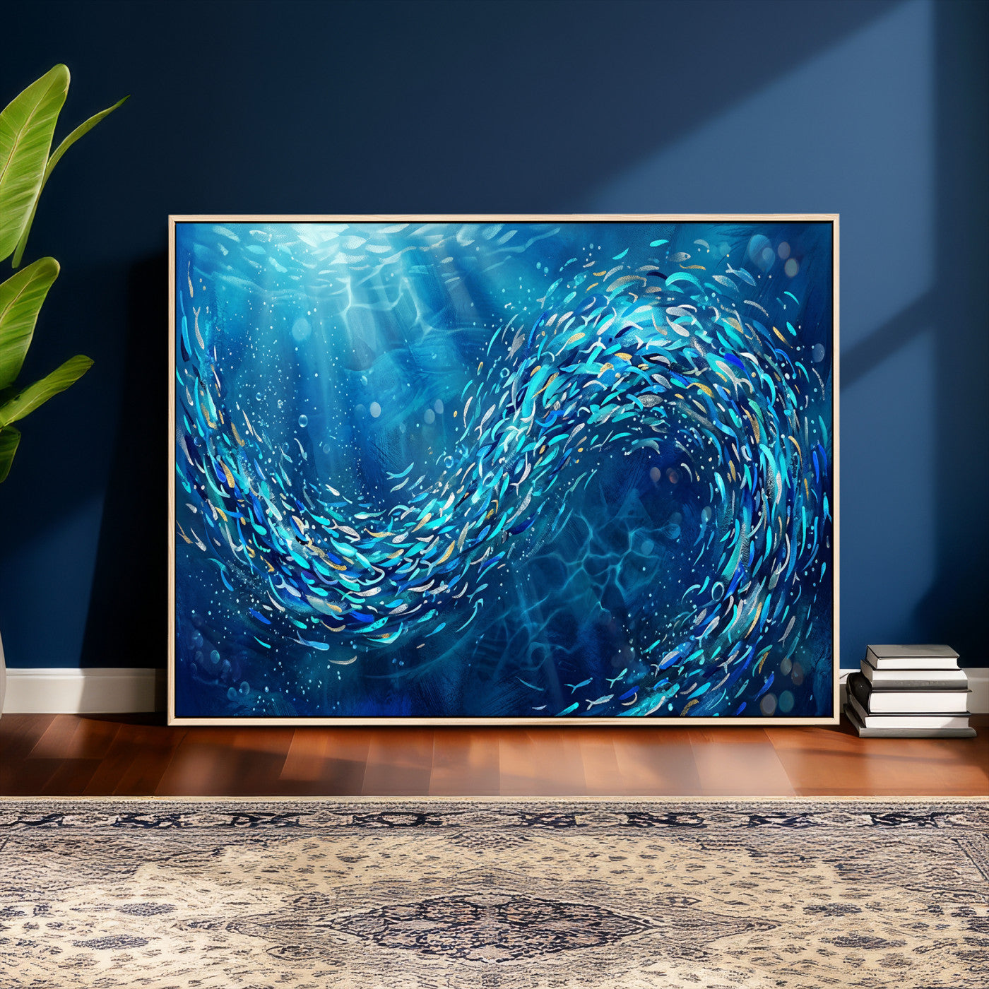 54535639-MGV-CV-36X24 - School of Fish Canvas Print | Blue Ocean Underwater Wall Art | Swirling Fish Shoal Illustration | Marine Navy Coastal Decor