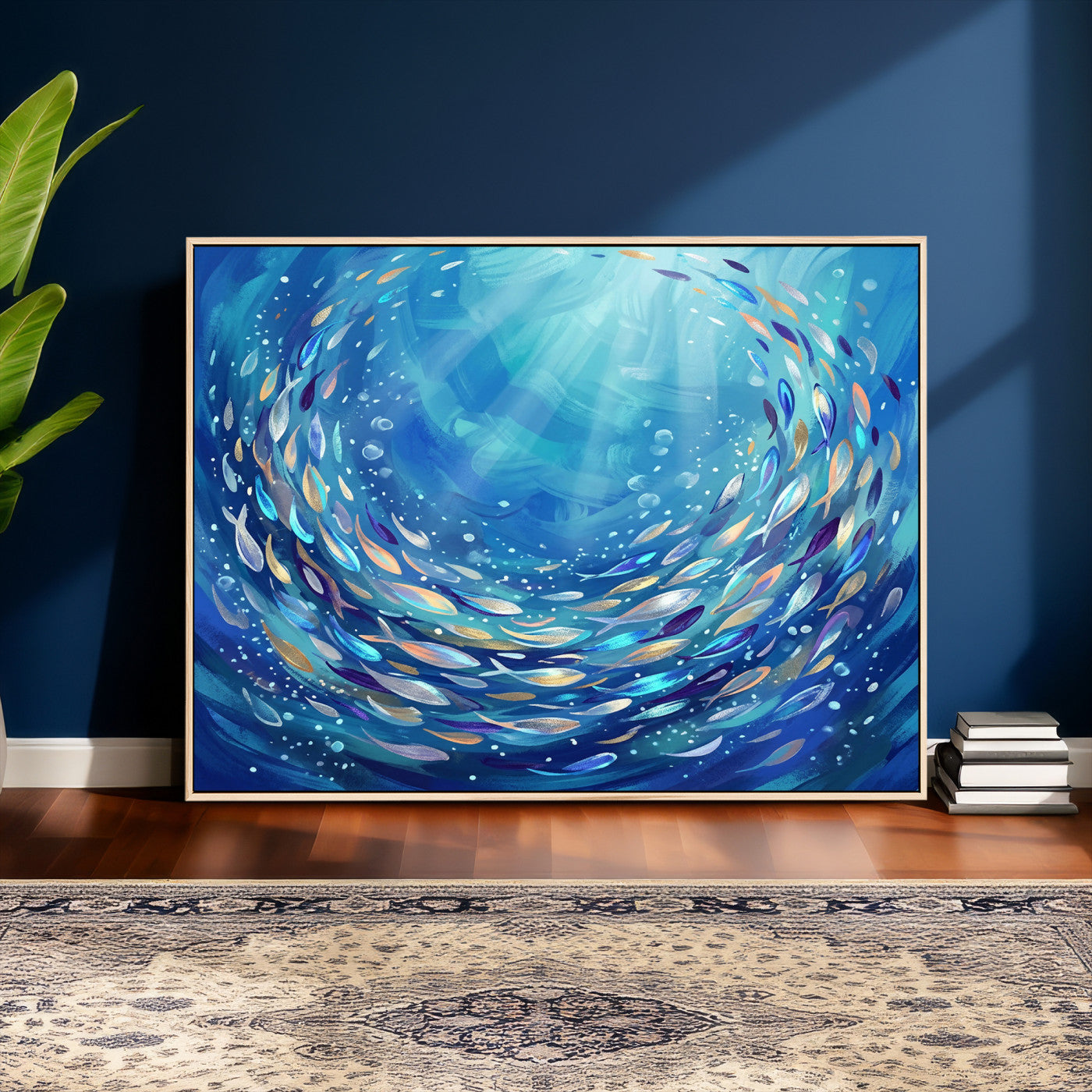 78699899-MGV-CV-36X24 - School of Fish Canvas Print | Blue Ocean Underwater Wall Art | Swirling Fish Shoal Illustration | Marine Navy Coastal Decor