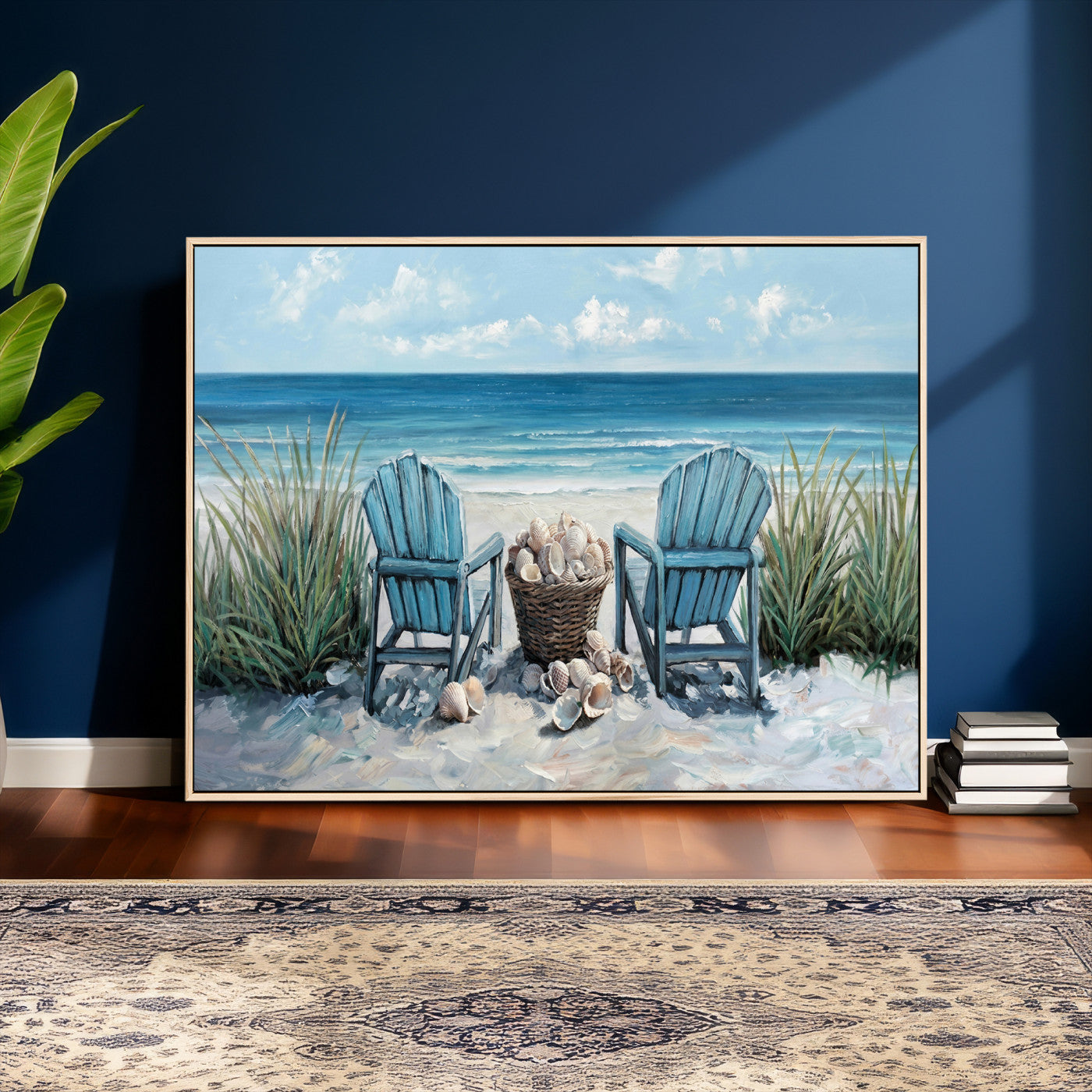 11973028-MGV-CV-36X24 - Beach Canvas Wall Art Coastal Adirondack Chairs Ocean Seashells Blue Nautical Framed Large for Living Room Bedroom Bathroom Decor