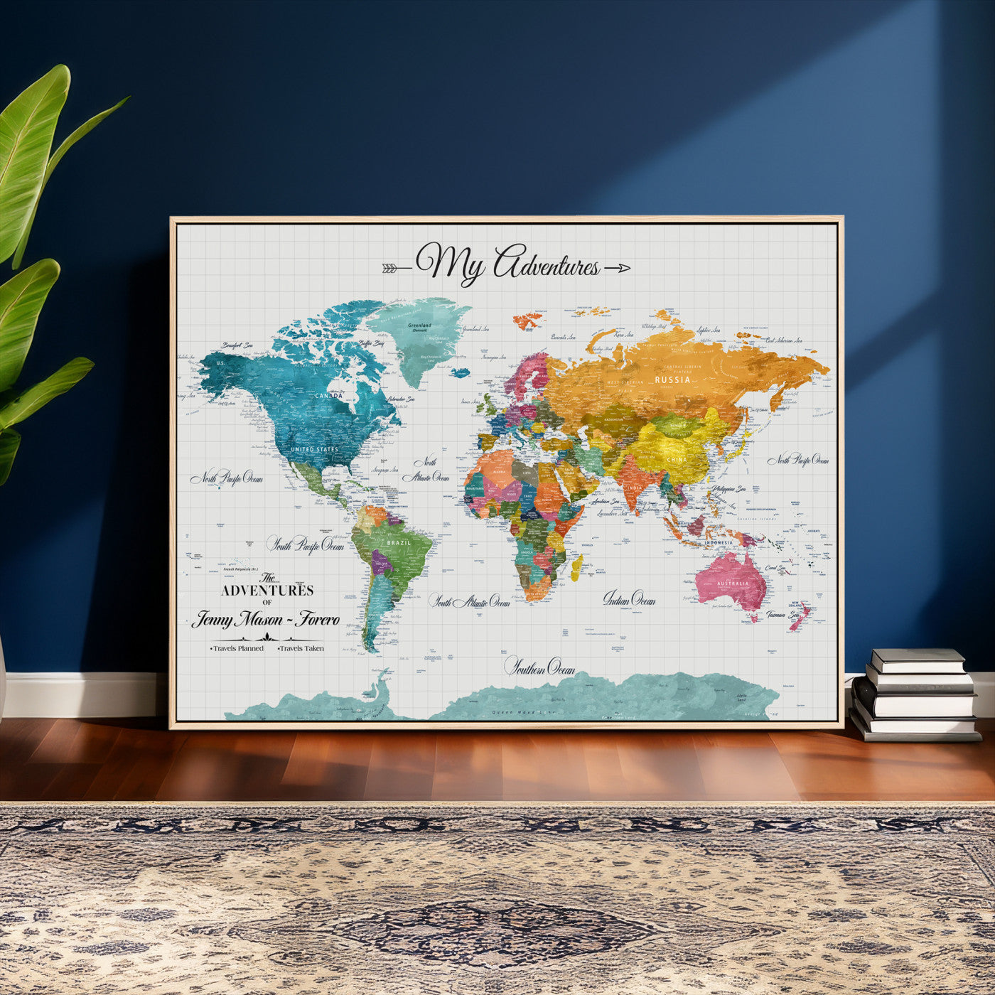 56239817-MGV-CV-36X24 - Custom Push Pin Watercolor World Map Canvas Wall Art Print – Abstract Colorful Travel Wall Decor