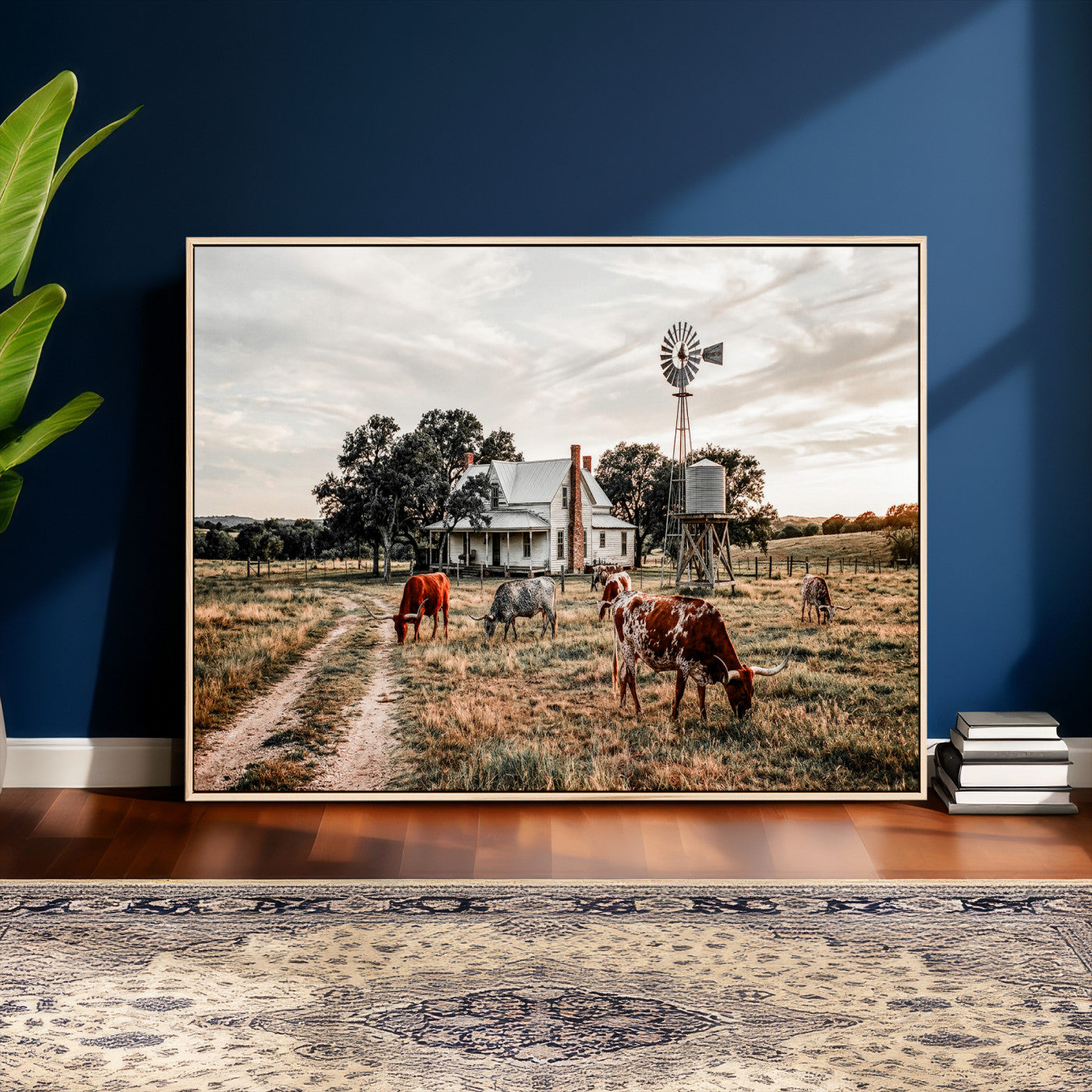 92429425-MGV-CV-36X24 - Texas Longhorn Ranch Wall Art Canvas Print, Rustic Western Farmhouse Decor, Country Landscape Canvas Wall Art, Vintage Cowboy Ranch Picture