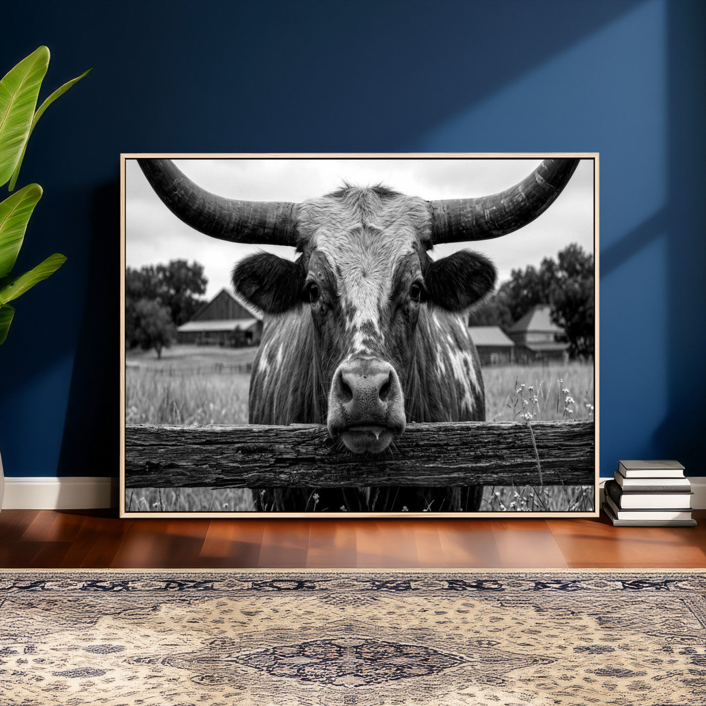 59378683B-MGV-CV-36X24 - Black White Texas Longhorn Bull Canvas Wall Art, Western Ranch Cattle Photography Print, Rustic Farmhouse Cowboy Decor Artwork