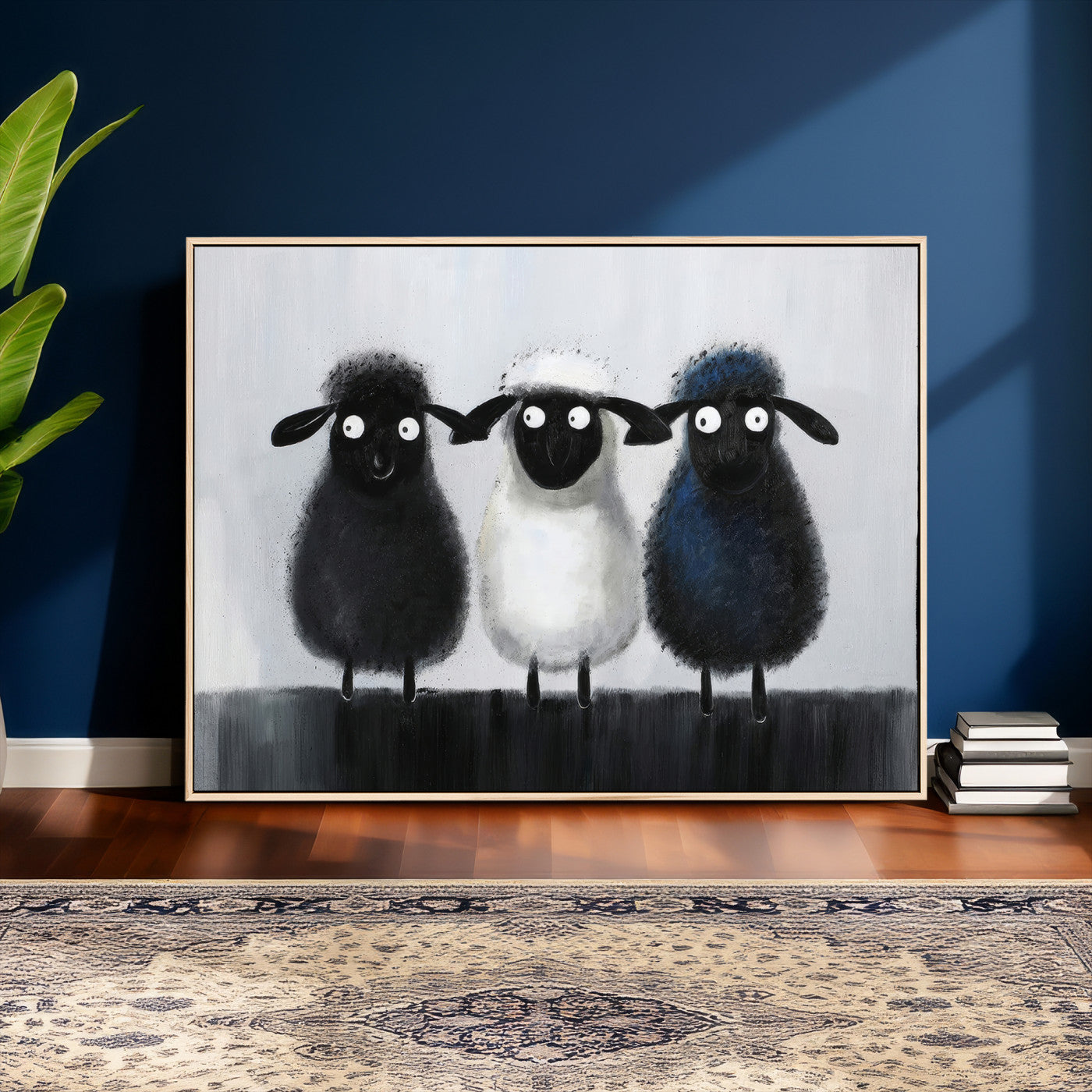 45650028-MGV-CV-36X24 - Funny Sheep Canvas Wall Art, Three Quirky Sheep Painting Print, Cute Animal Nursery Decor, Black White Navy Farmhouse Art, Kids Room Gift