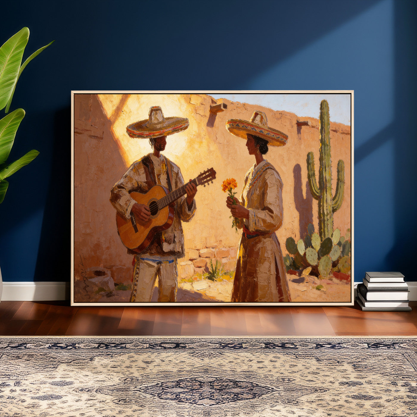 41849005-MGV-CV-36X24 - Mexican Couple Canvas Wall Art, Romantic Serenade Guitar Painting Print, Southwestern Desert Adobe Decor, Warm Golden Folk Art, Living Room Art