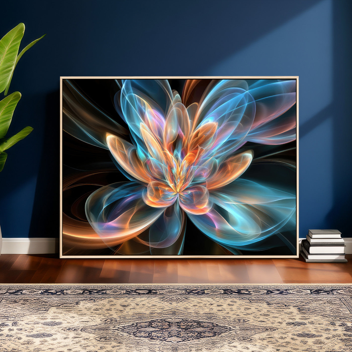 91902283-MGV-CV-36X24 - Fractal Lotus Canvas Wall Art, Blue Orange Glowing Flower Abstract Print, Modern Zen Meditation Room Decor, Ethereal Digital Art, Living Room