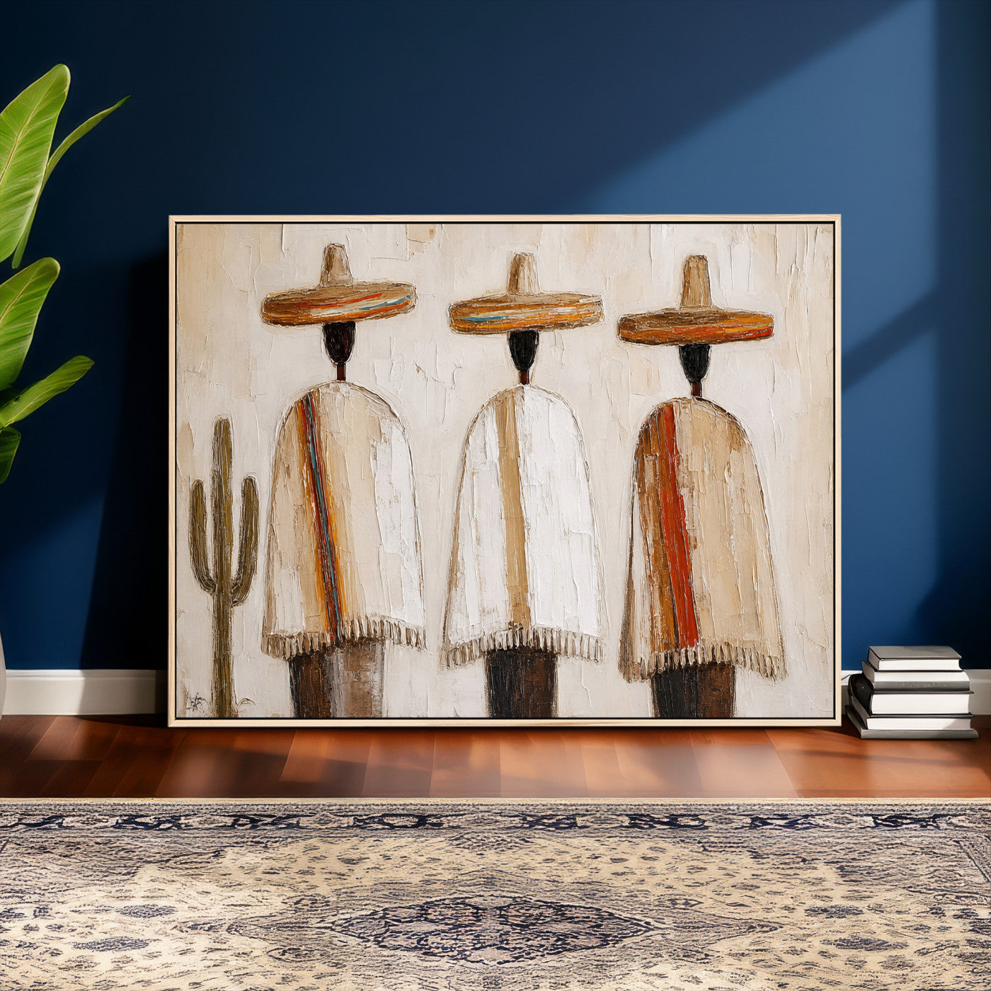 72884785-MGV-CV-36X24 - Mexican Folk Art Canvas Wall Art, Southwestern Sombrero Poncho Painting, Neutral Earthy Boho Decor, Fiesta Living Room Art, Impasto Style Print