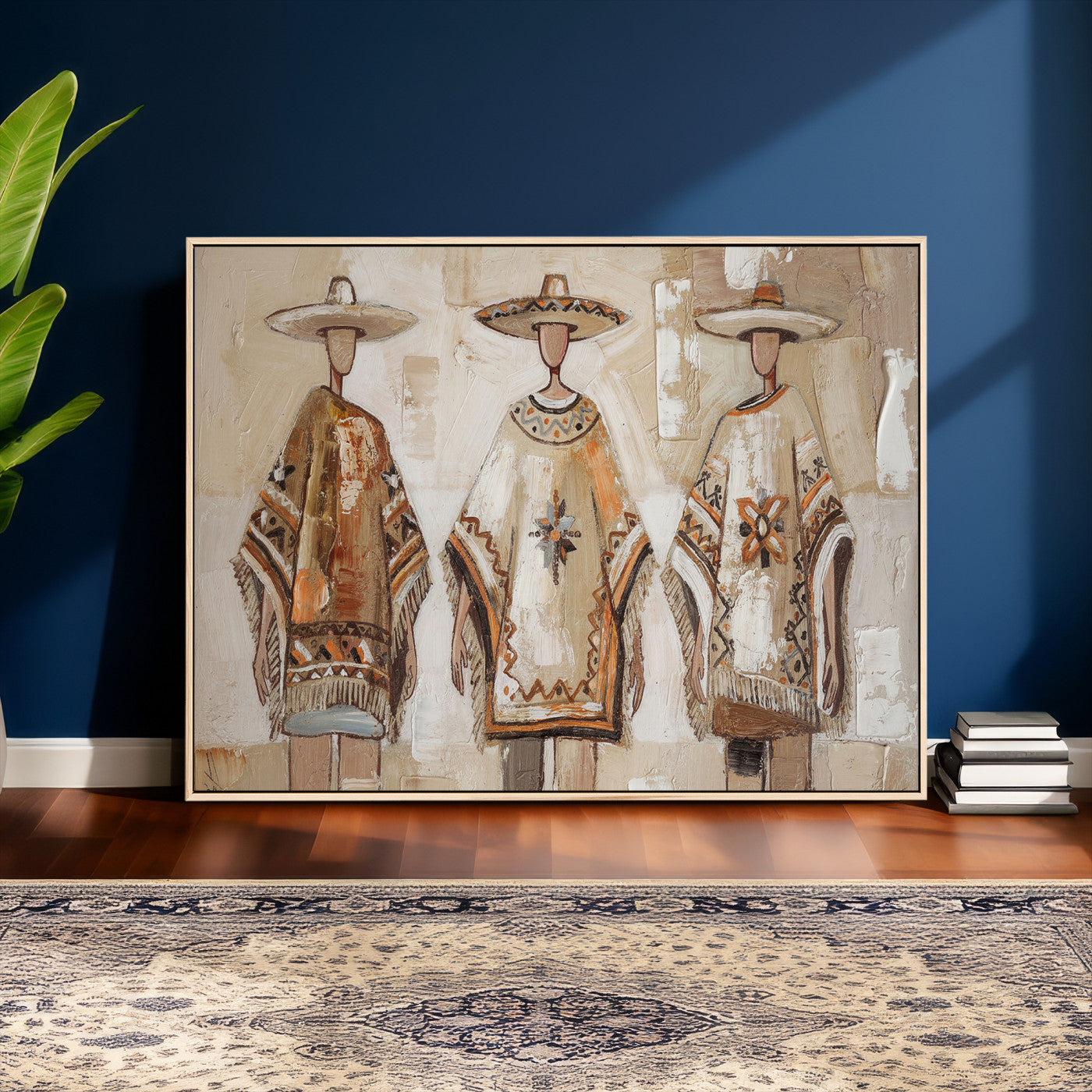 85373290-MGV-CV-36X24 - Mexican Folk Art Canvas Wall Art, Charro Poncho Sombrero Painting Print, Neutral Beige Boho Decor, Southwestern Impasto Style, Living Room Art