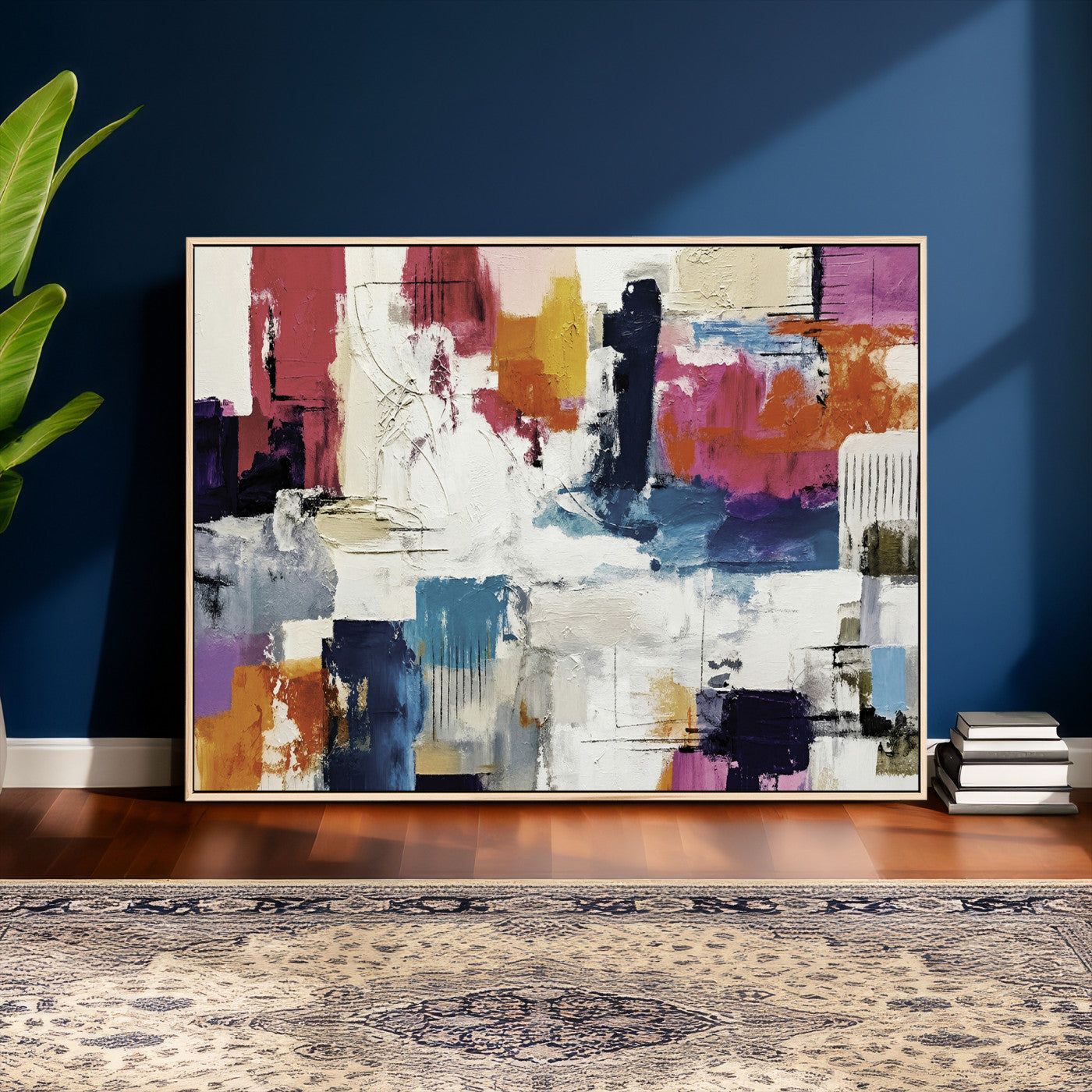 57864023-MGV-CV-36X24 - Blue Teal Abstract Canvas Wall Art, Modern Textured Painting Print, Navy Orange White Contemporary Art, Neutral Living Room Decor, Office Art