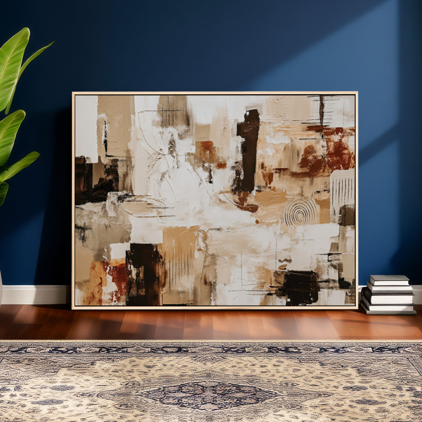 26560159-MGV-CV-36X24 - Blue Teal Abstract Canvas Wall Art, Modern Textured Painting Print, Navy Orange White Contemporary Art, Neutral Living Room Decor, Office Art