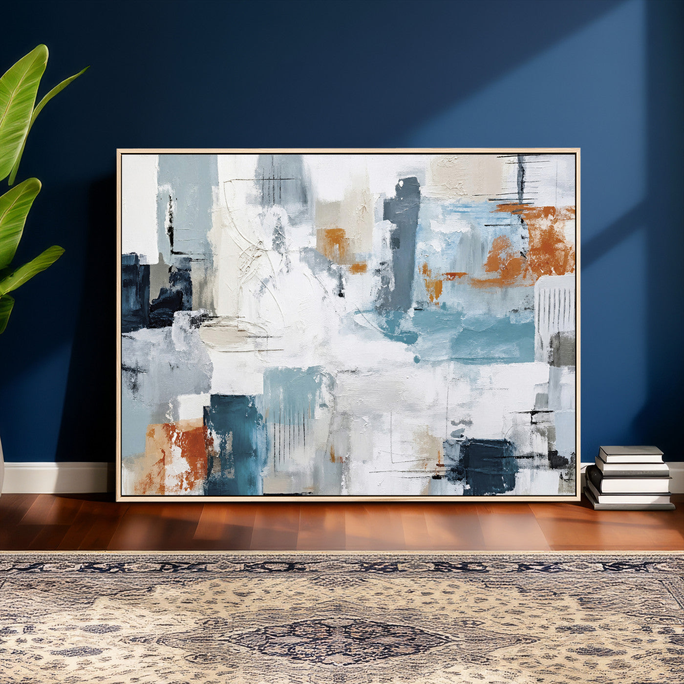 98638479-MGV-CV-36X24 - Blue Teal Abstract Canvas Wall Art, Modern Textured Painting Print, Navy Orange White Contemporary Art, Neutral Living Room Decor, Office Art