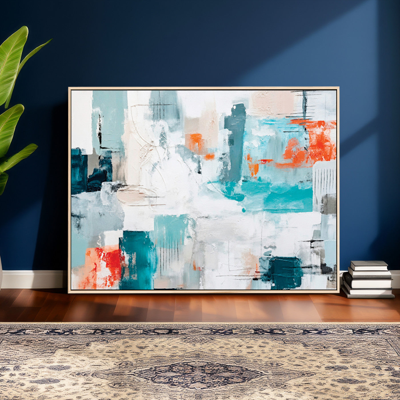 98638479-MGV-CV-36X24 - Blue Teal Abstract Canvas Wall Art | Modern Textured Painting Print, Navy Orange White Contemporary Art, Neutral Living Room Decor, Office Art
