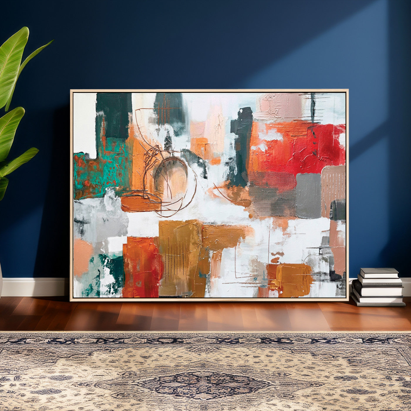 50720312-MGV-CV-36X24 - Blue Teal Abstract Canvas Wall Art | Modern Textured Painting Print, Navy Orange White Contemporary Art, Neutral Living Room Decor, Office Art.