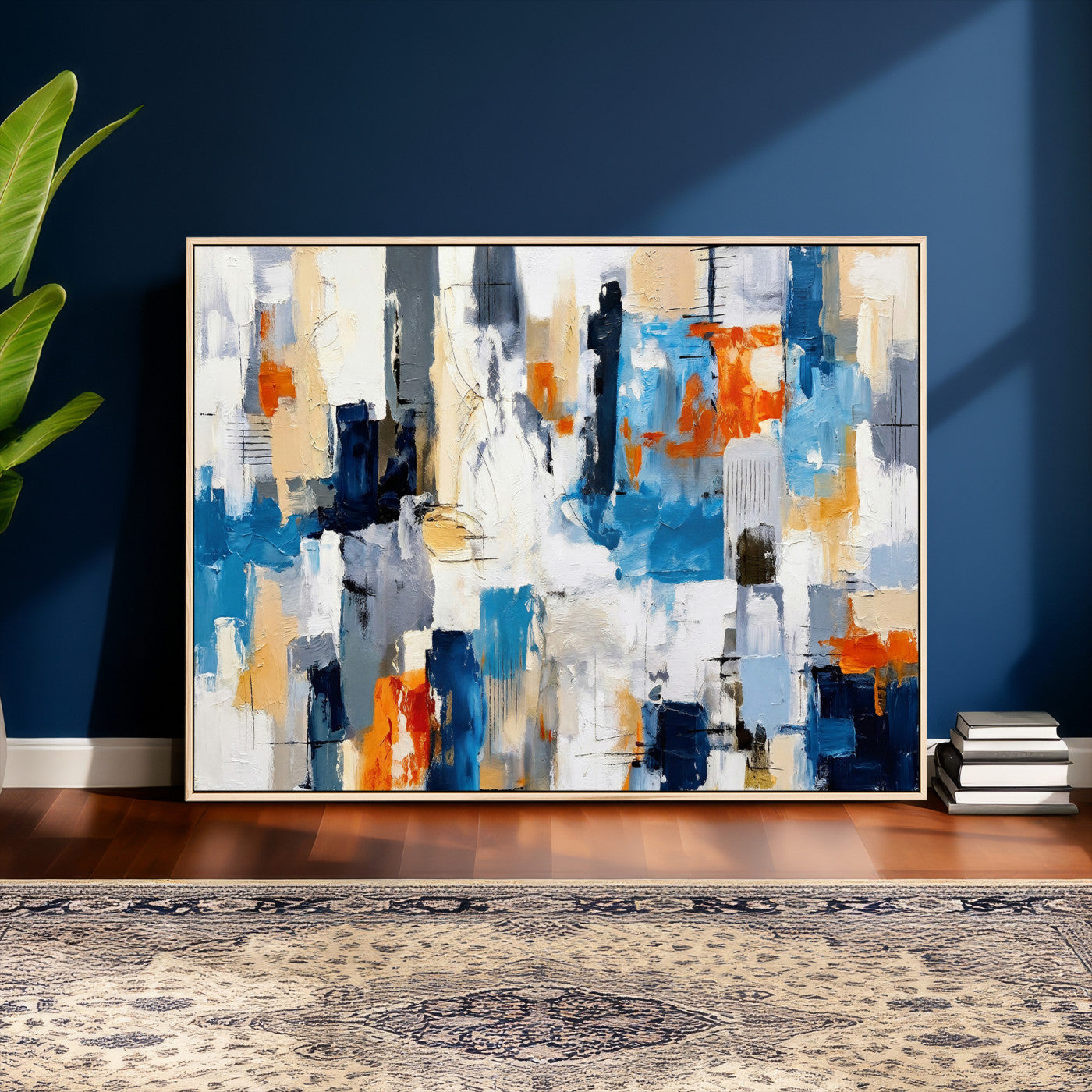 83915061-MGV-CV-36X24 - Blue Teal Abstract Canvas Wall Art, Modern Textured Painting Print, Navy Orange White Contemporary Art, Neutral Living Room Decor, Office Art