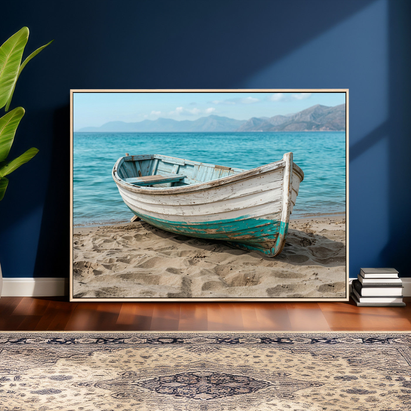 49963709-MGV-CV-36X24 - Coastal Boat Canvas Wall Art Print, Beach Boat Painting, Nautical Ocean Decor, Seascape Wall Art - Ready to Hang