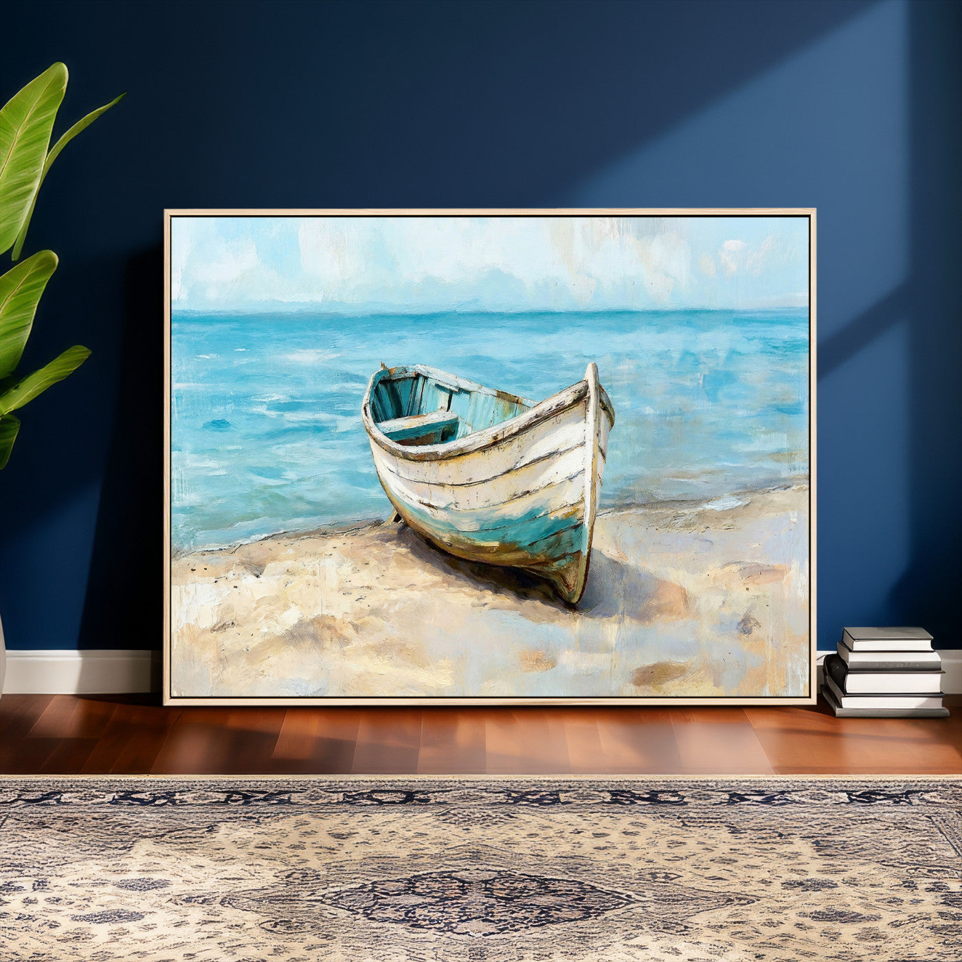 14780565-MGV-CV-36X24 - Coastal Boat Canvas Wall Art Print, Beach Boat Painting, Nautical Ocean Decor, Seascape Wall Art - Ready to Hang