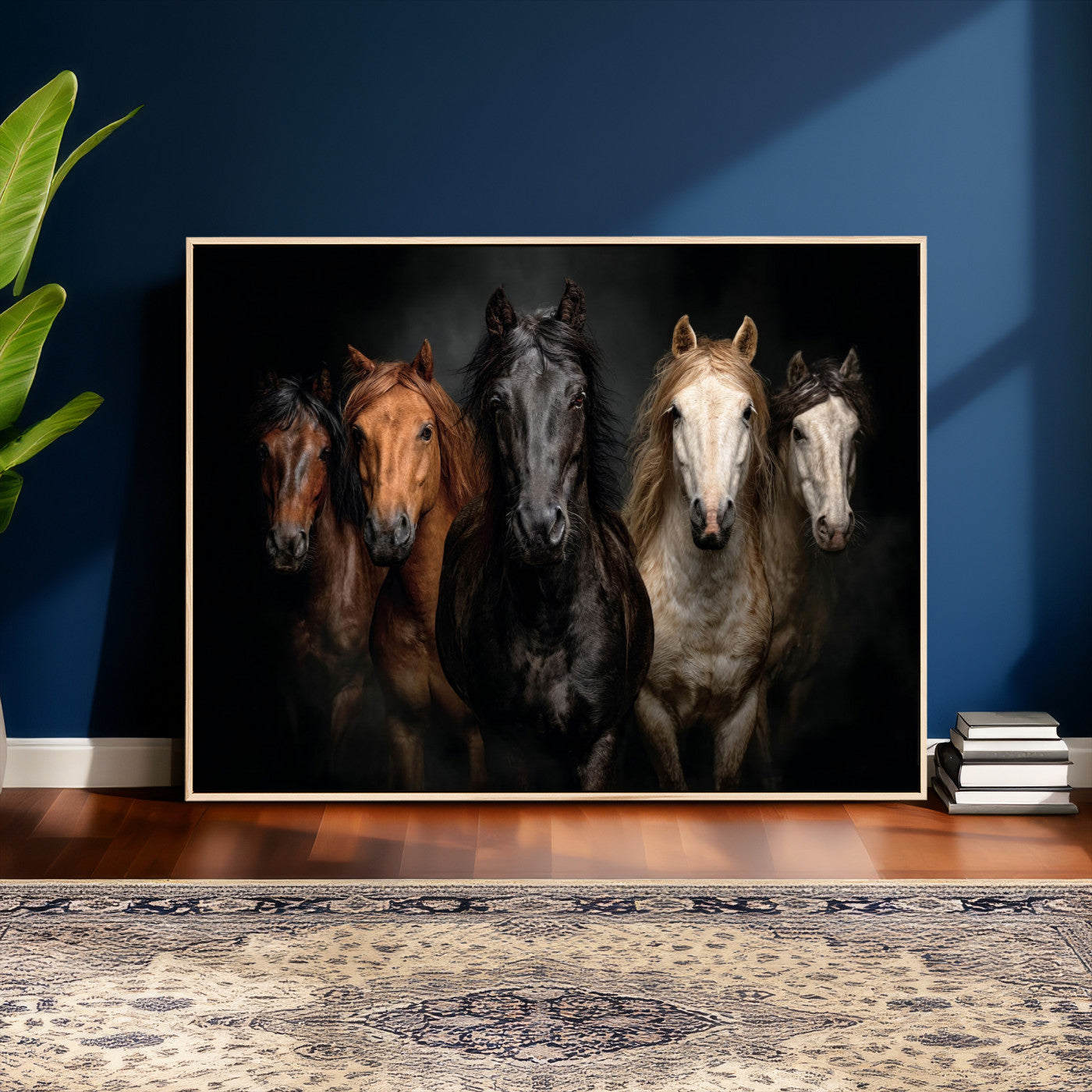 77696206-MGV-CV-36X24 - Horse Wall Art Canvas Print | Wild Horses Portrait Photography, Animal Horse Decor, Black Brown White Horse Herd